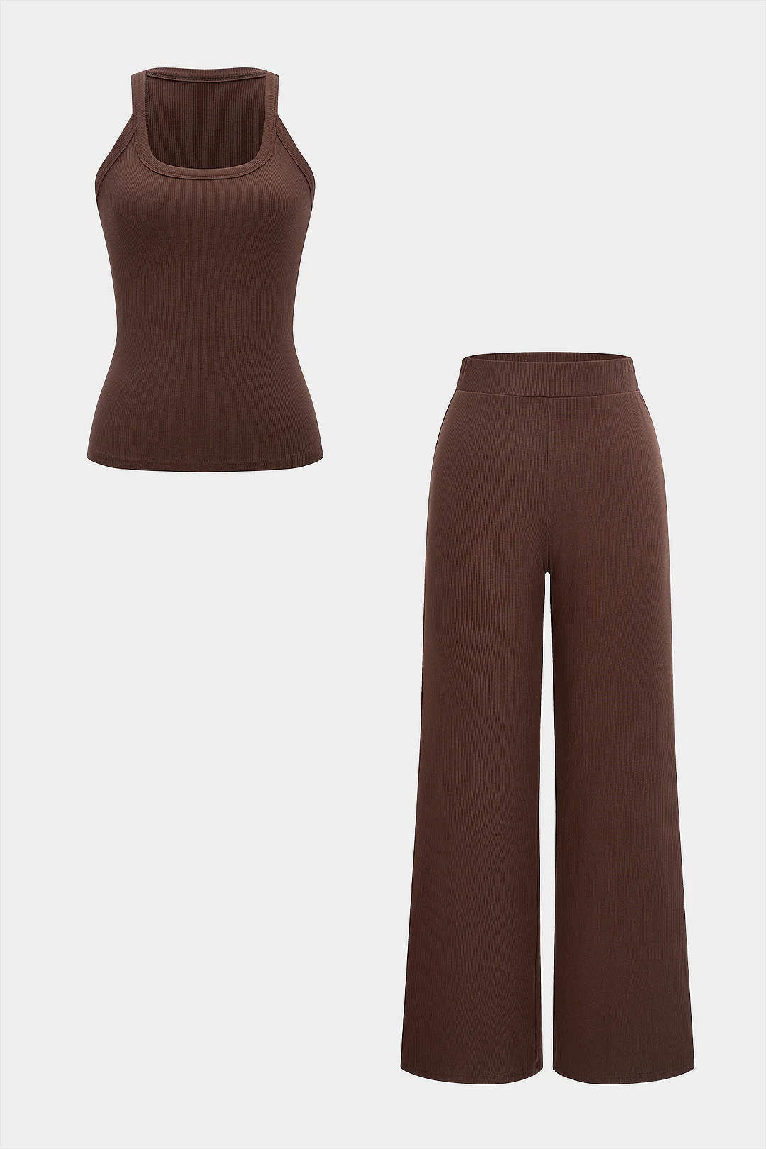 Solid Sqaure Neck Tank Top And Wide Leg Trousers Set