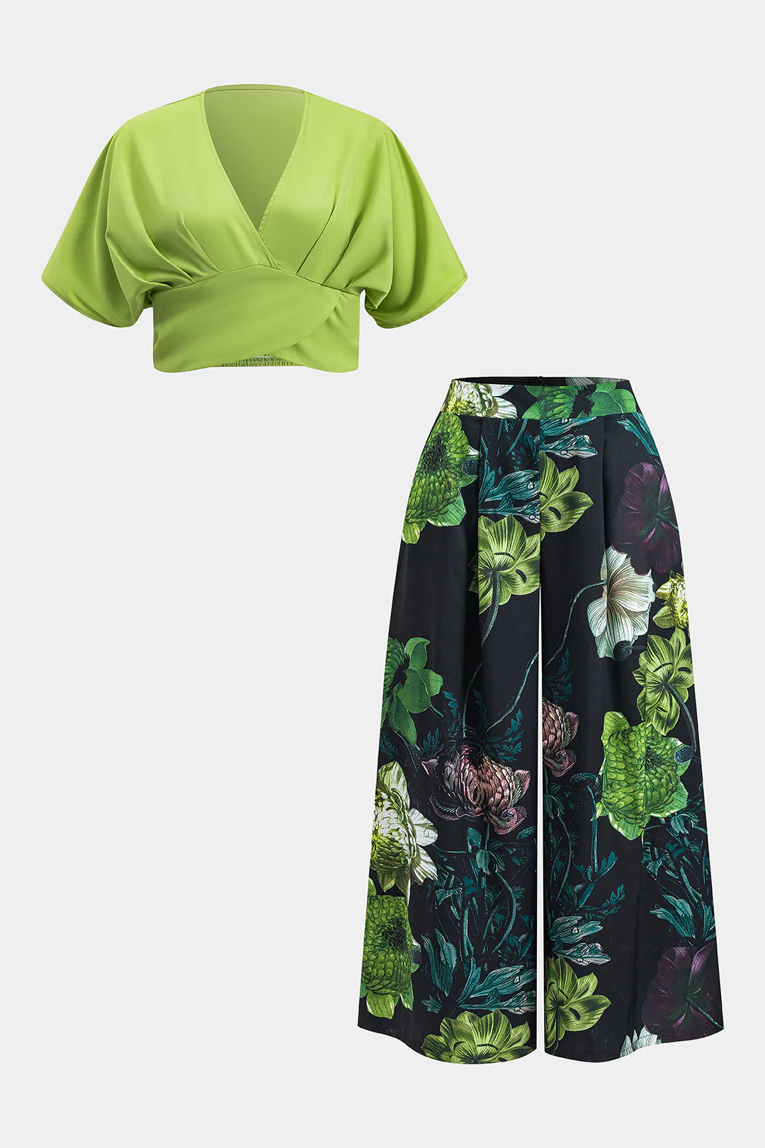 Plus Size V Neck Ruched Tank Top and Floral Print Trousers Outfit Set