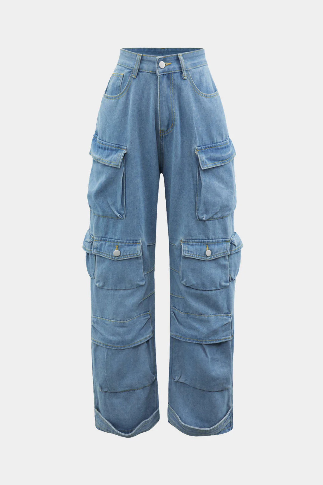 Multi-Pocket Rolled-Hem Wide-Leg Cargo Denim Jeans
