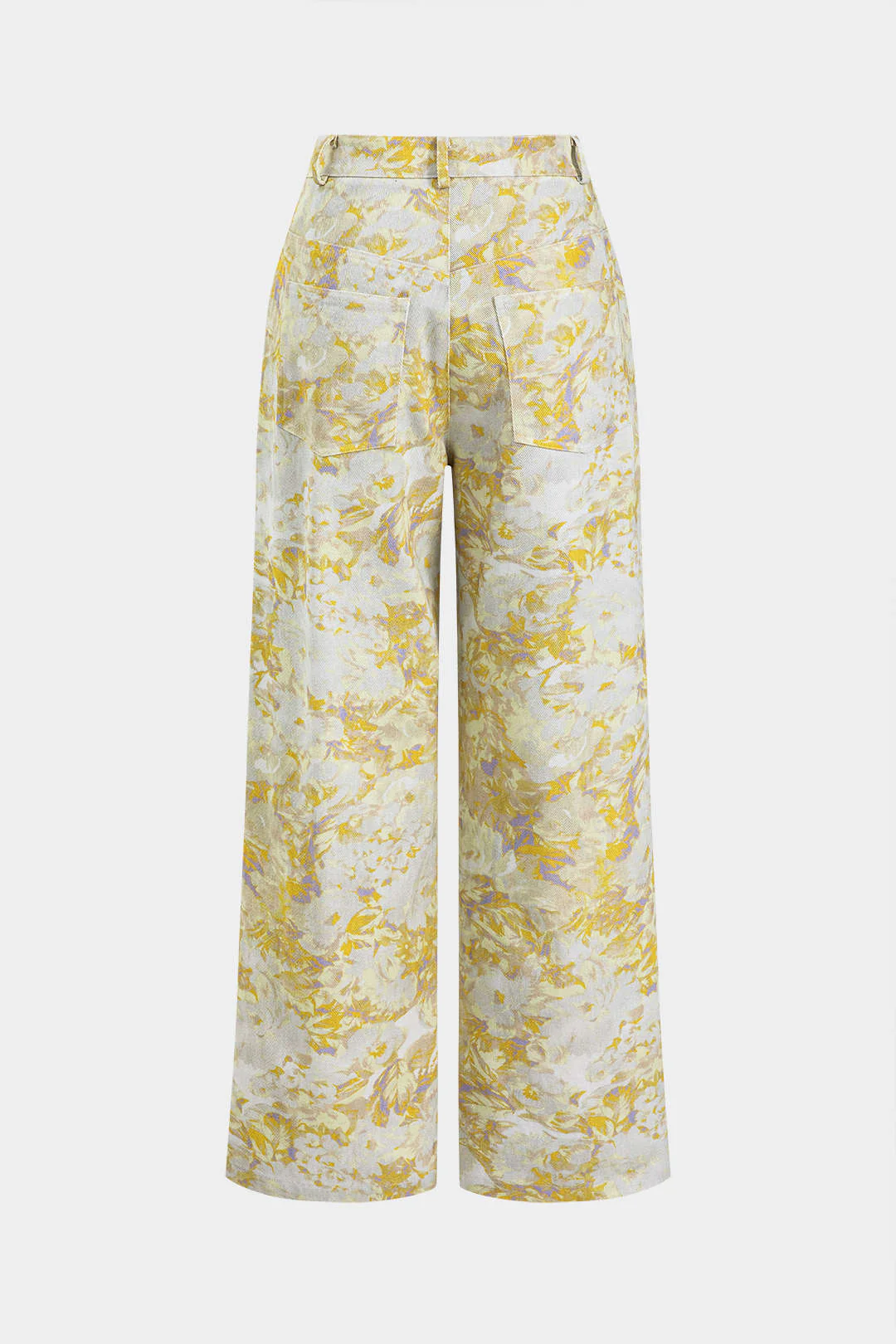 Abstract Printed Denim Button-Pocket Wide-Leg Trousers