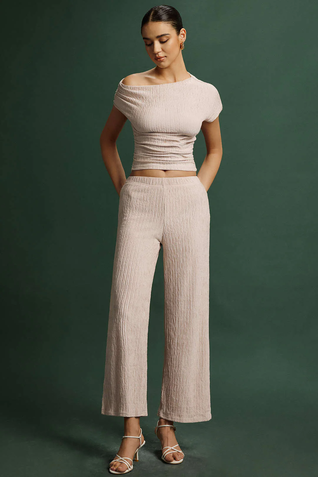 Ribbed Asymmetrical Neck Ruched Short-Sleeve Shirt And Trousers Set