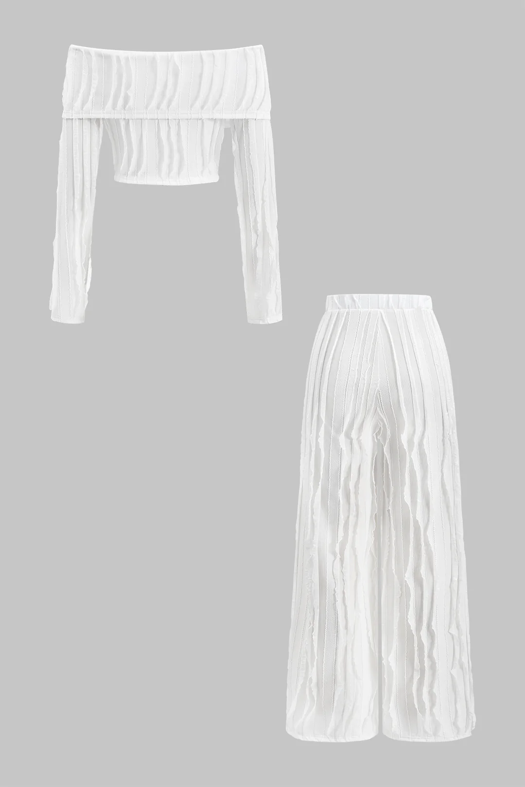 Ruffled Off-Shoulder Long Sleeve Top and Wide-Leg Trousers Set