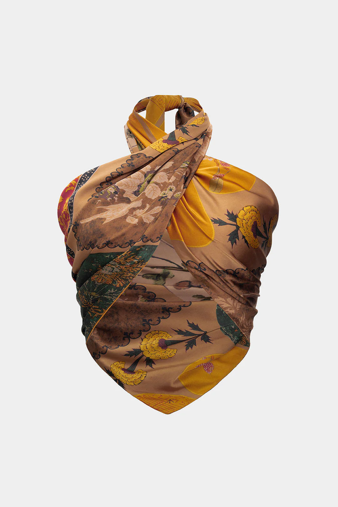 Plus Size Vintage Print Satin Tie Front Tube Top