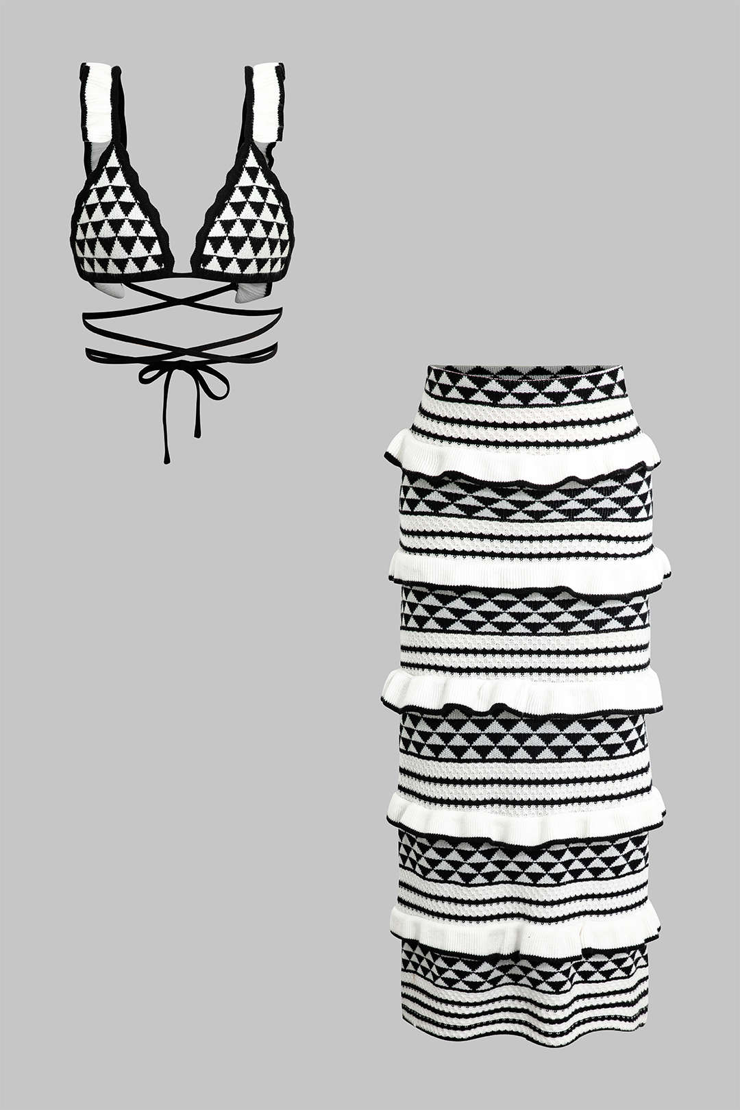 Stripe Tie Bra Top And Tiered Ruffle Knit Midi Skirt Set