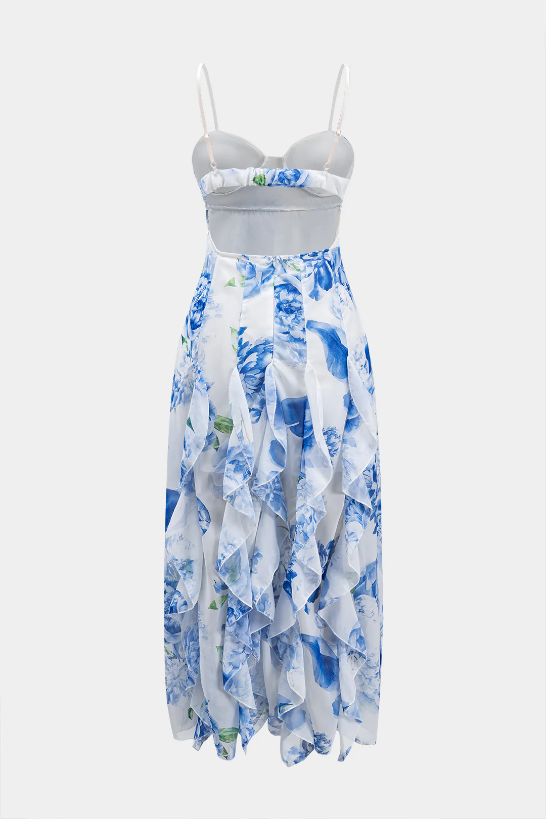 Floral Print Chiffon Ruffled Backless Sleeveless Midi Dress