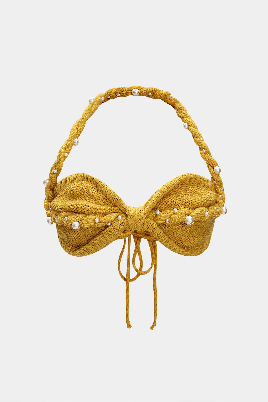 Knit Pearls Decor Halter Neck Braided Tie-Up Tank Top