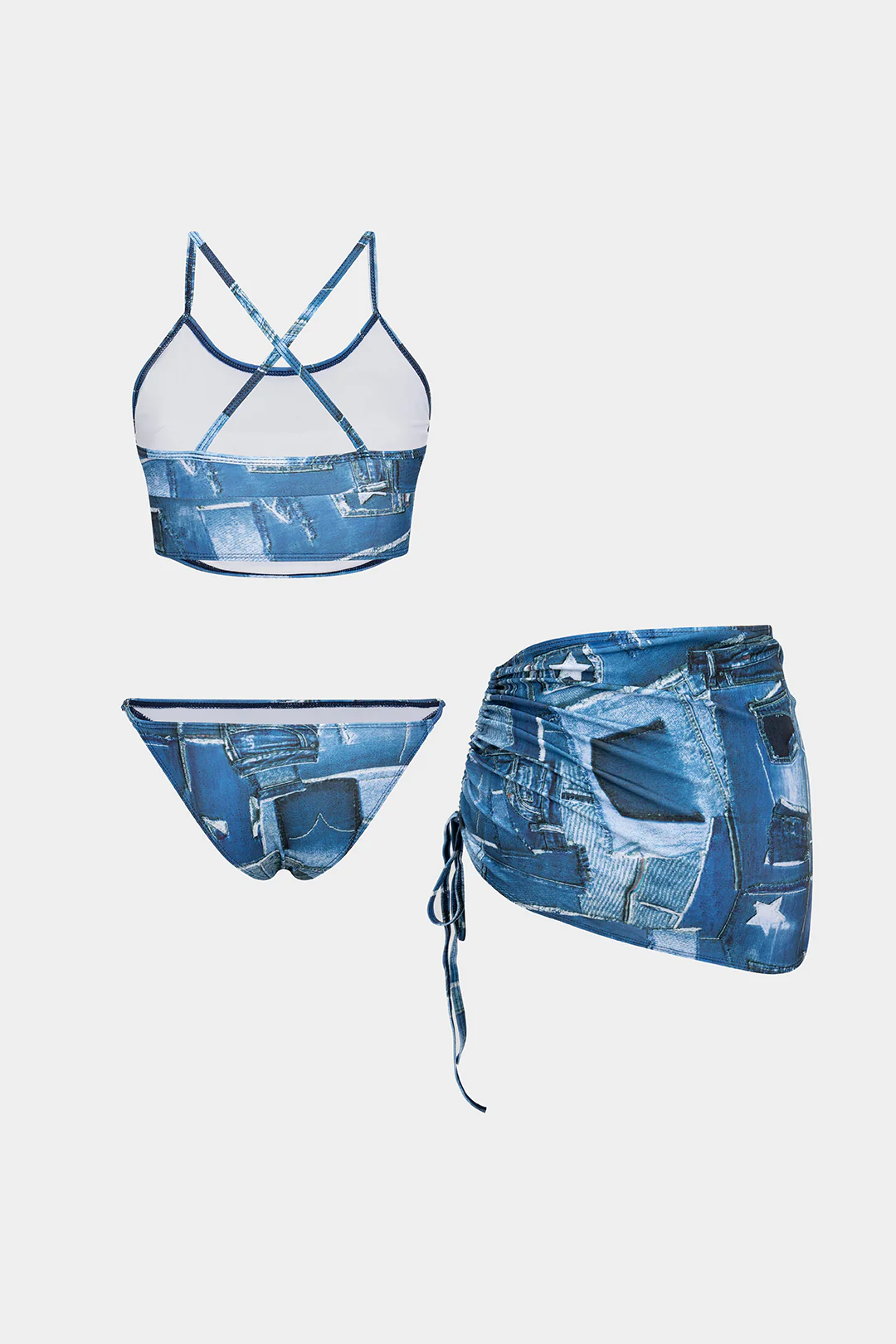 Denim Print Backless Drawstring Bikini Set