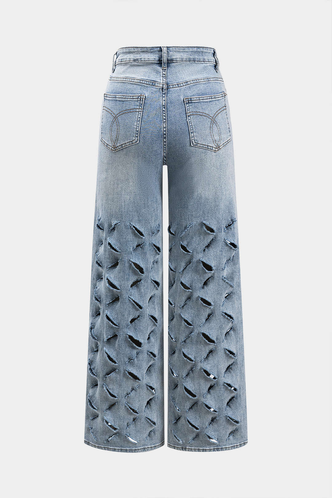 Ripped Cut-Out Button-Pocket Wide-Leg Jeans