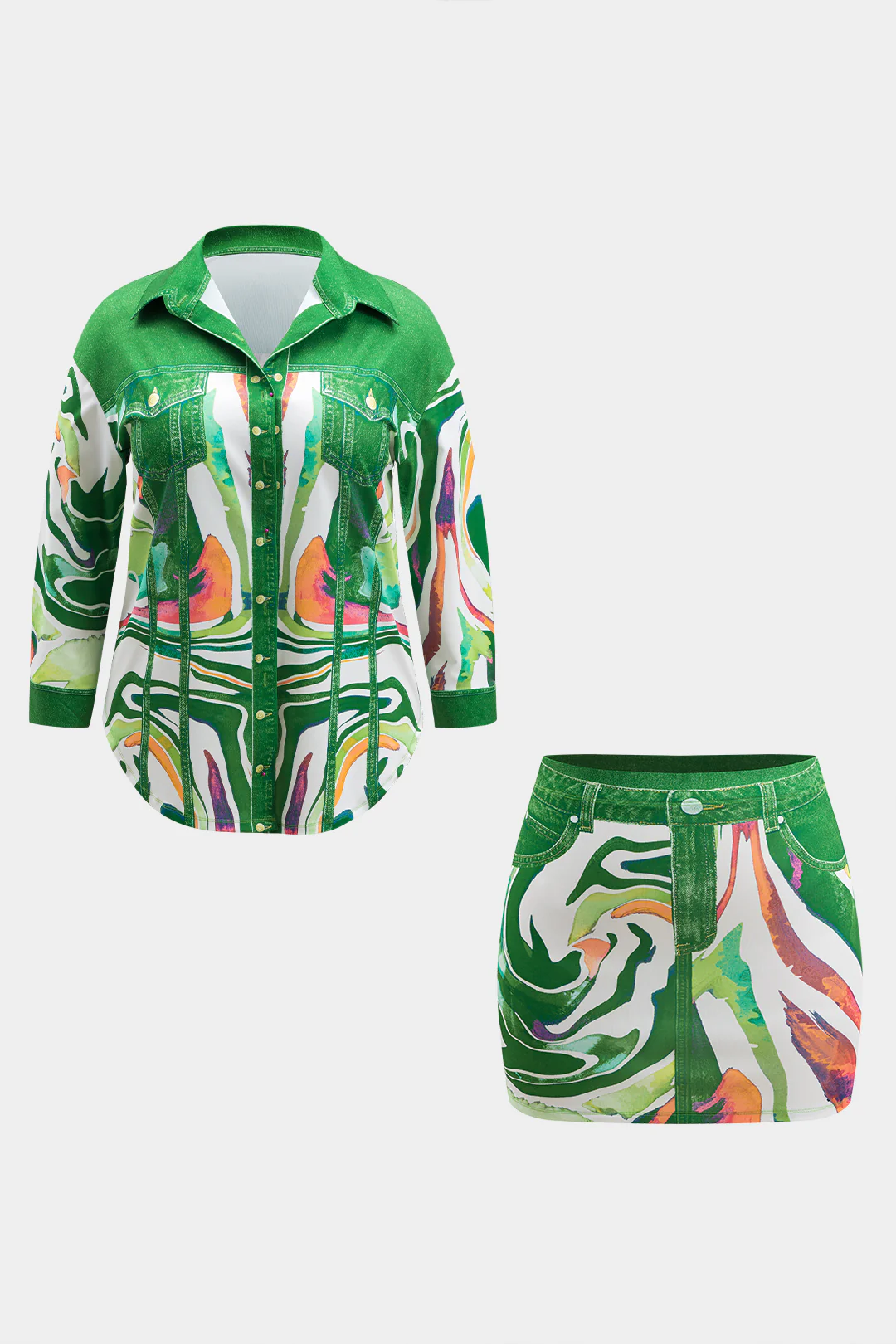 Plus Size Abstract Letter Print Button Pocket Long Sleeve Shirt And Skirt Set