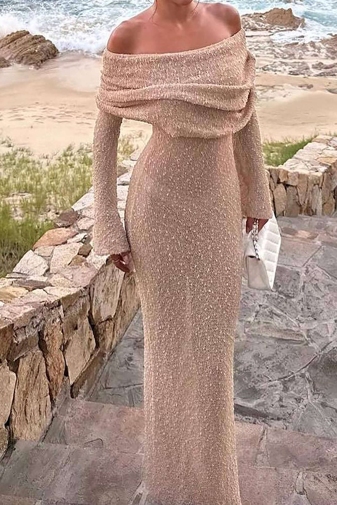 Off-the-Shoulder Open-Knit Maxi Dress