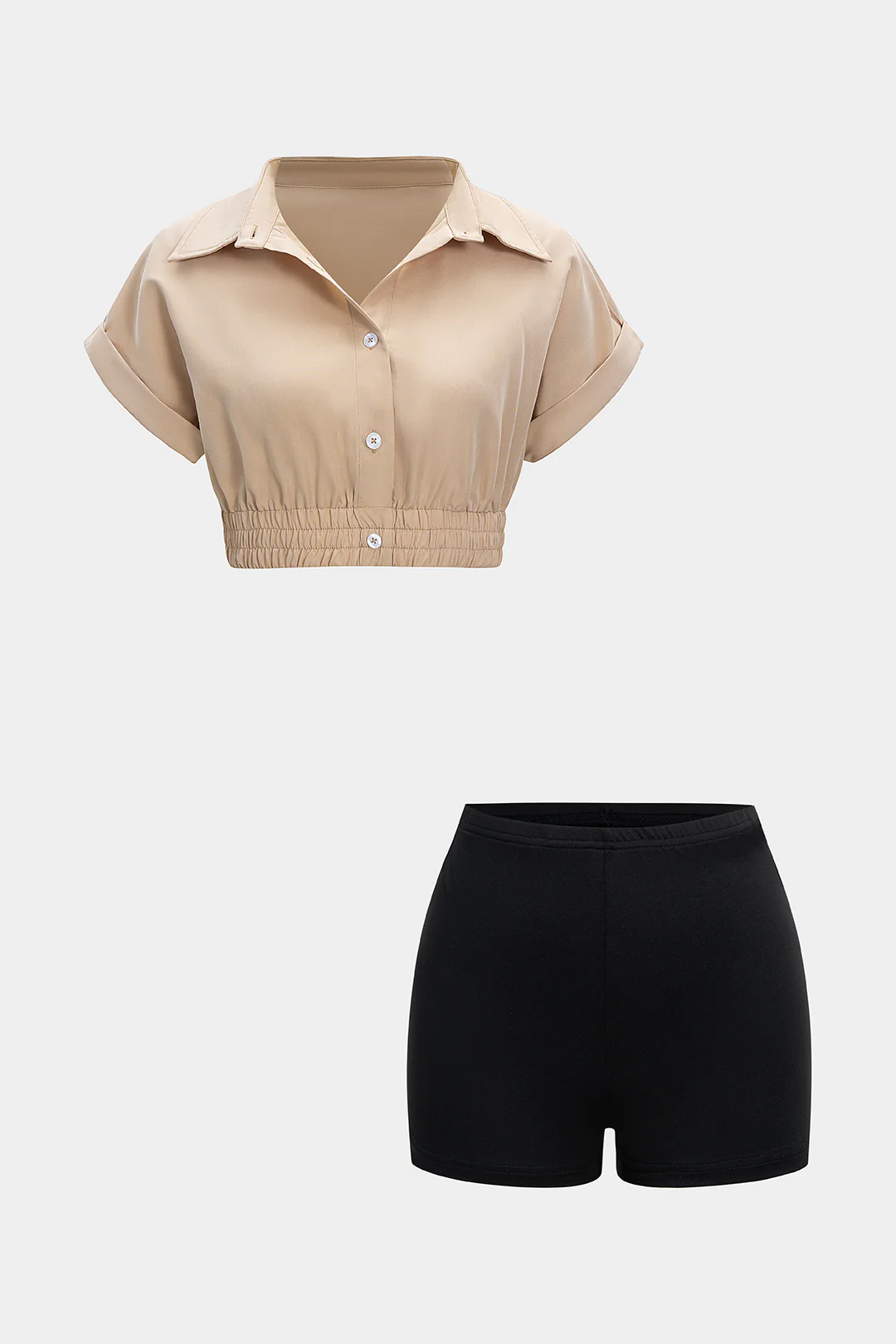Button Shirred Short Sleeve Top and Shorts Outfit Set