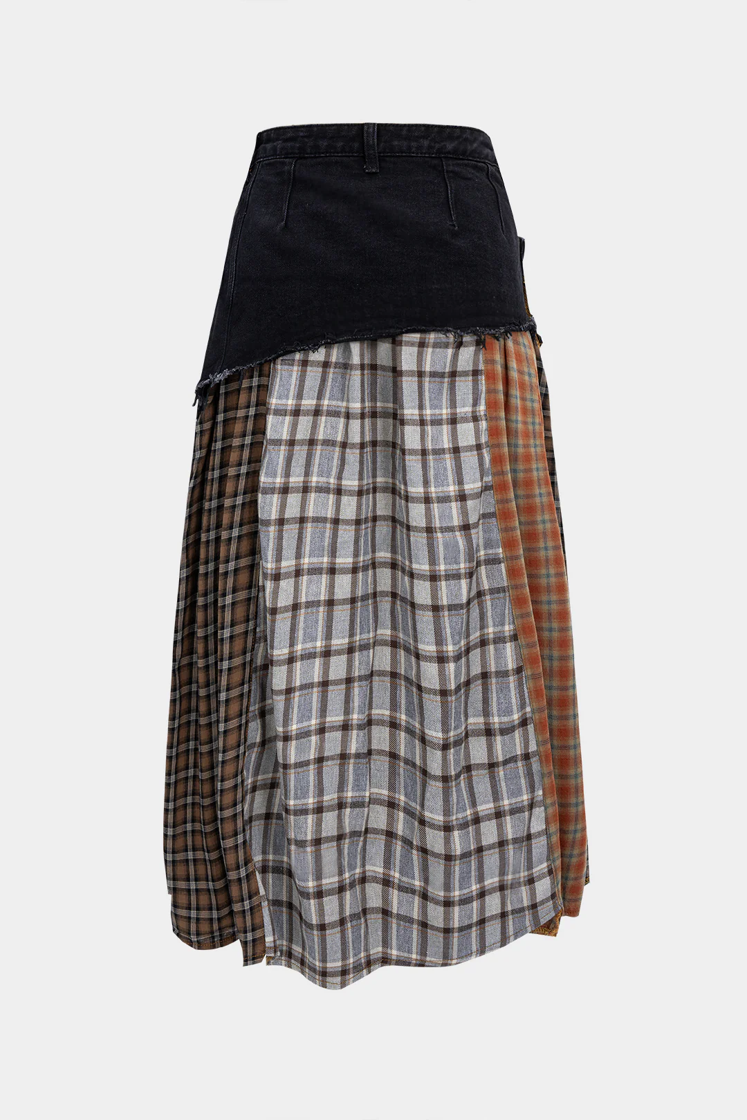 Color Block Plaid Print Denim Patchwork Asymmetrical Skirt