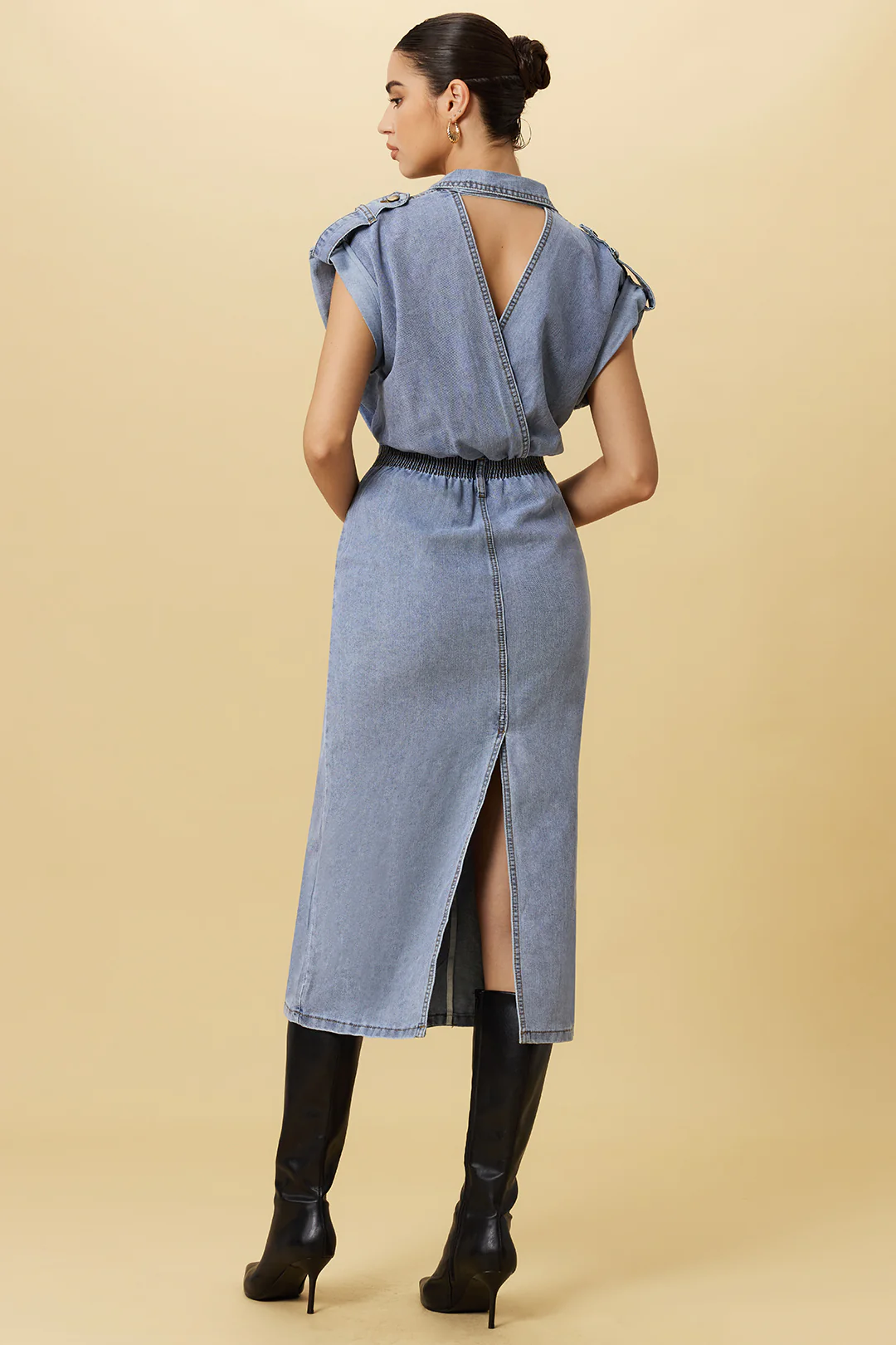 Denim Buttoned Shirred Short-Sleeve Dress