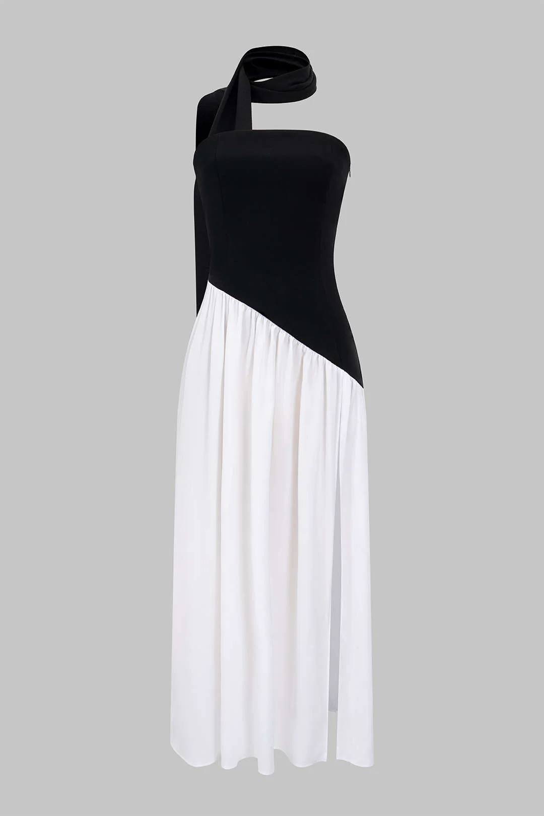 Contrast Satin Ruched Slit Strapless Maxi Dress
