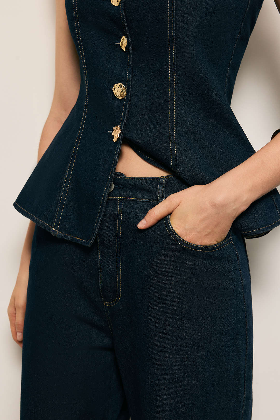 Metallic Button Denim Tank Top and Straight Leg Jeans Set