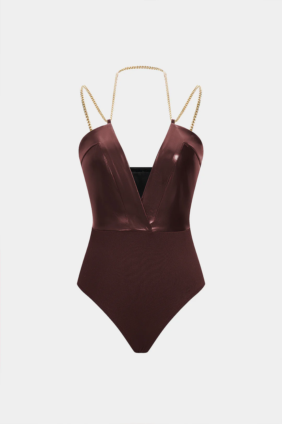 Faux Leather Chain Patchwork Sleeveless V-Neck Bodysuit