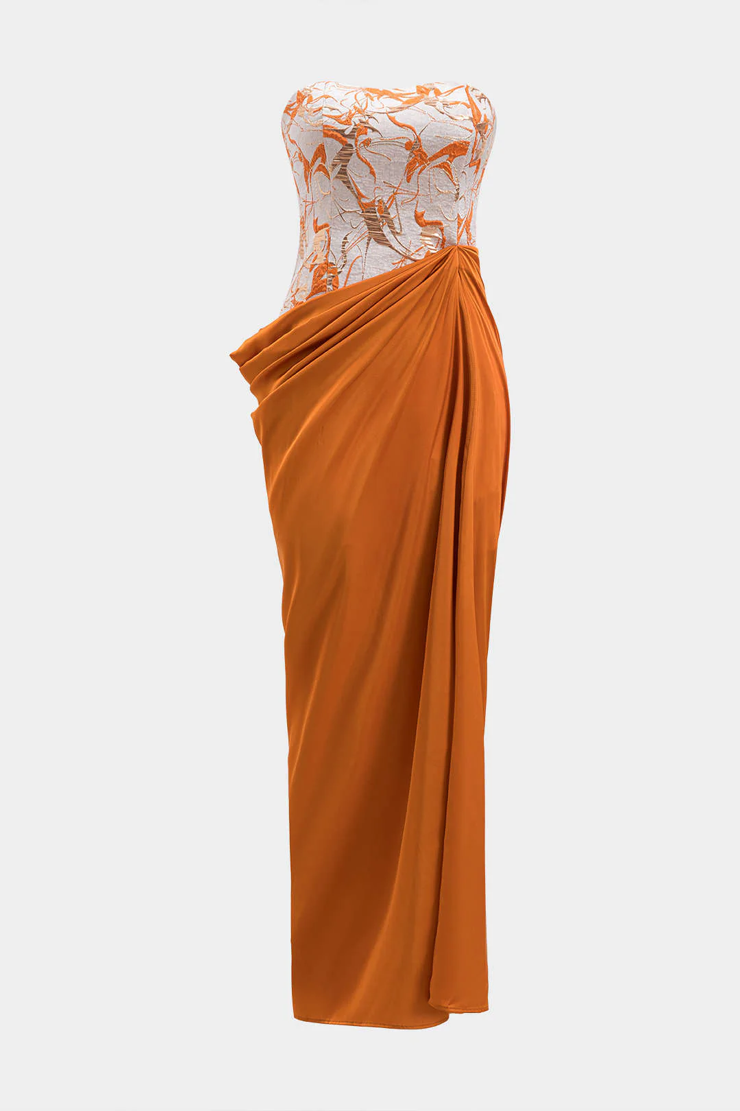 Satin Jacquard Patchwork Ruched Strapless Sleeveless Long Dress