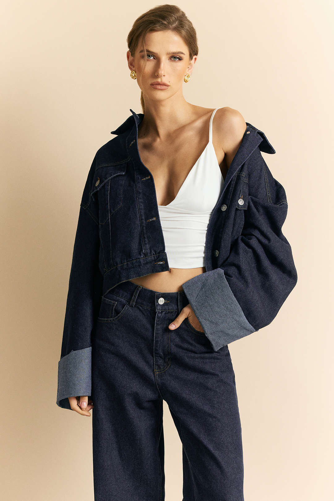 Denim Button Pocket Cuffed Long-Sleeve Top