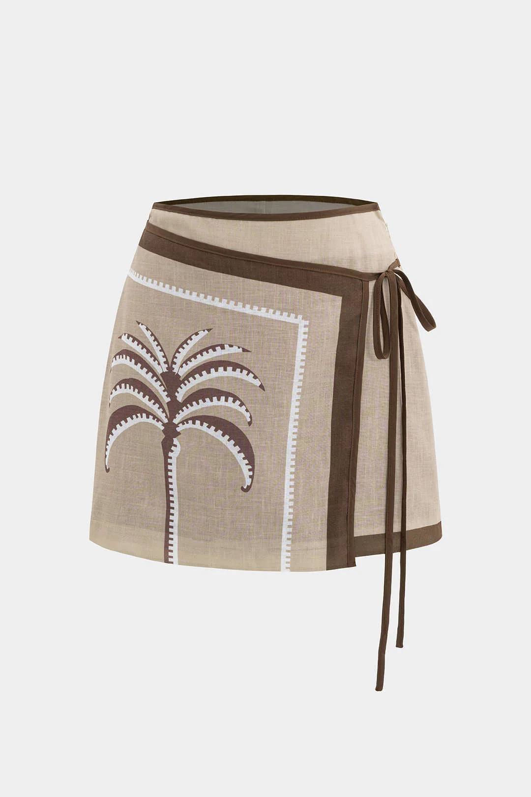 Coconut Palm Print Linen Asymmetrical Tie-Up Skirt