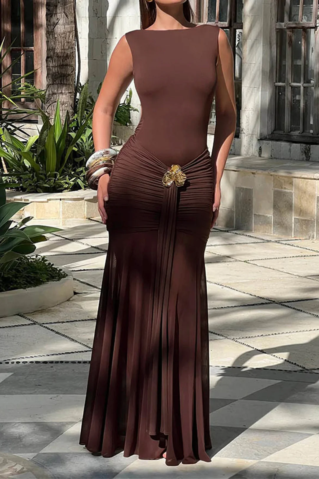 Mesh Metallic Decorated Ruched Backless Sleeveless Maxi Dress