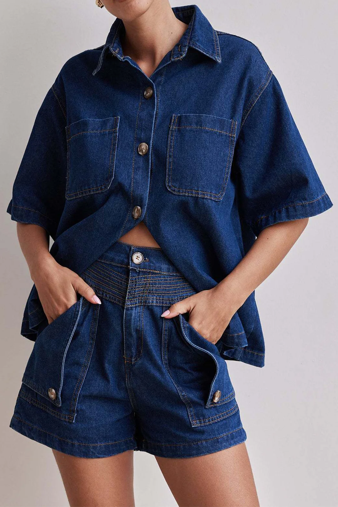 Denim Button Short-Sleeve Shirt And Pocket Shorts Set