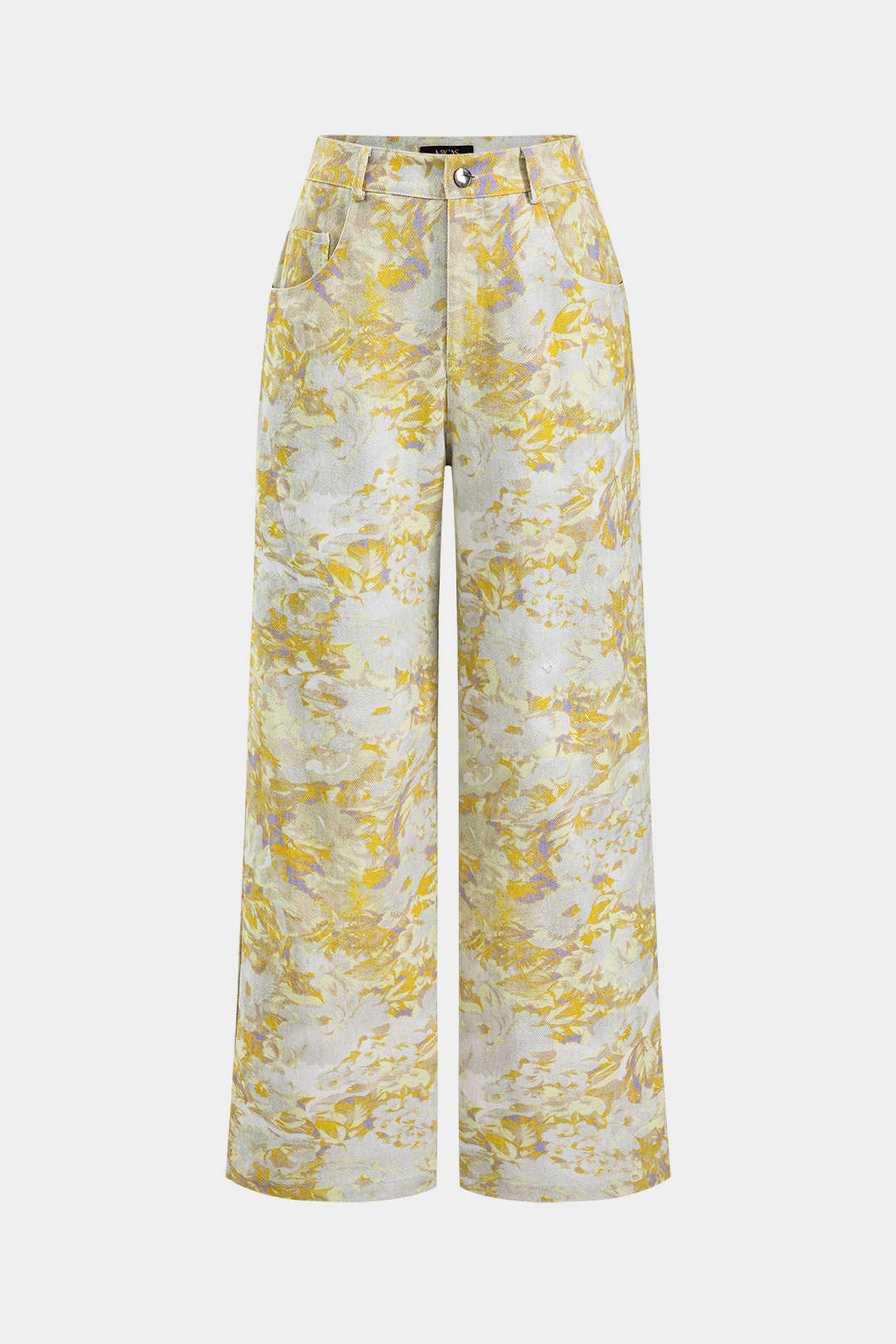 Abstract Printed Denim Button-Pocket Wide-Leg Trousers