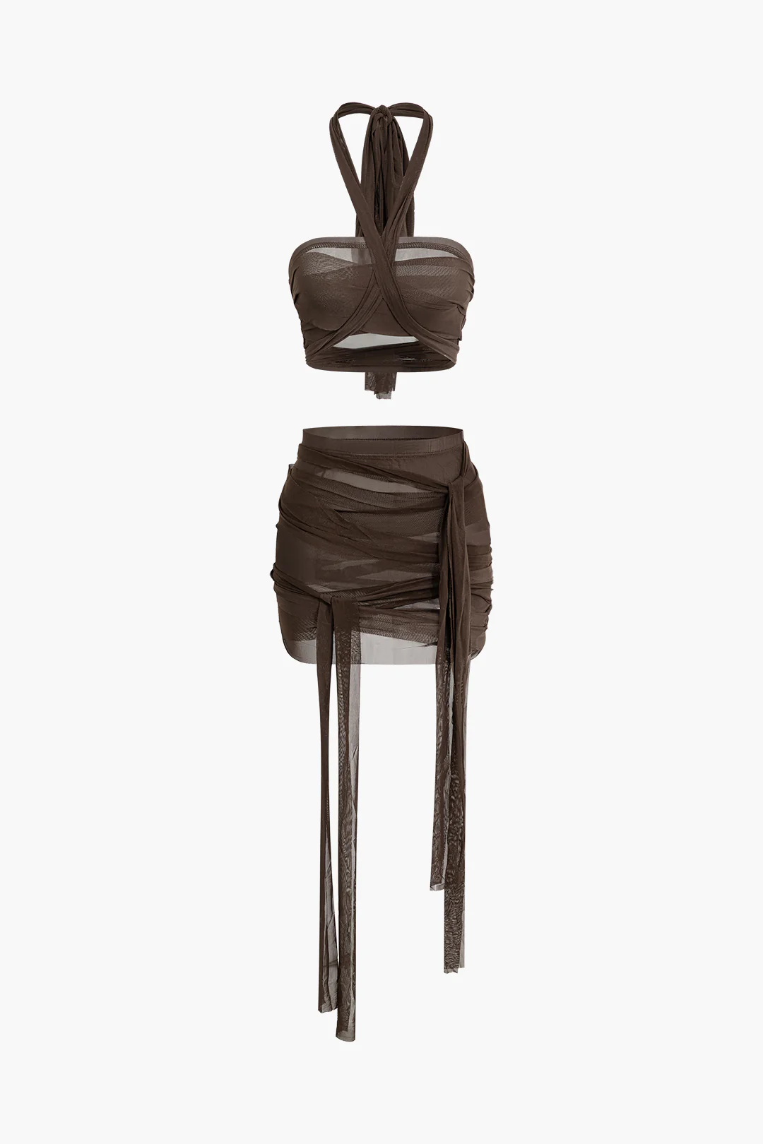 Knot-Tie Halter Mesh Tank Top and Mini Skirt Set