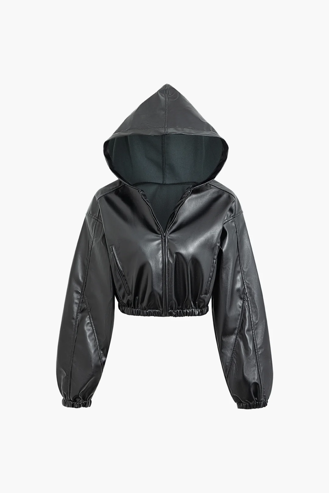 Solid Zipper Hooded Artificial Leather Jacket