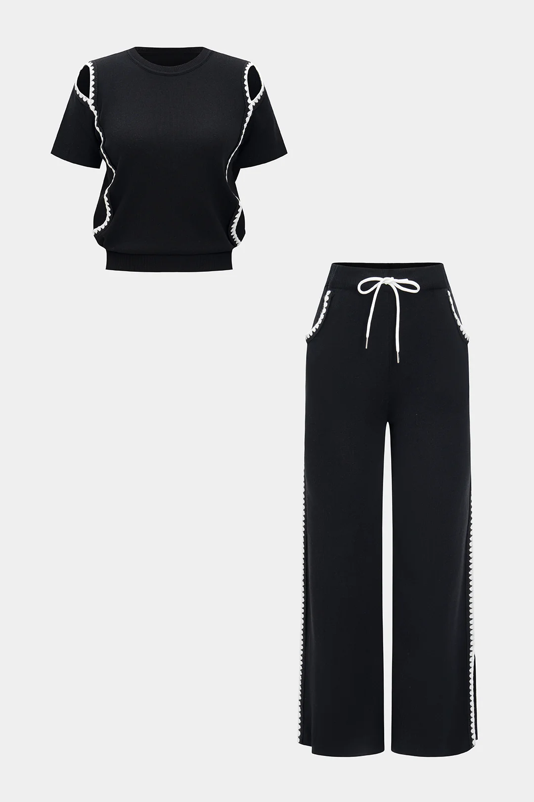 Knit Contrast Cut-Out Short Sleeve Top and Tie-Up Wide-Leg Trousers Set