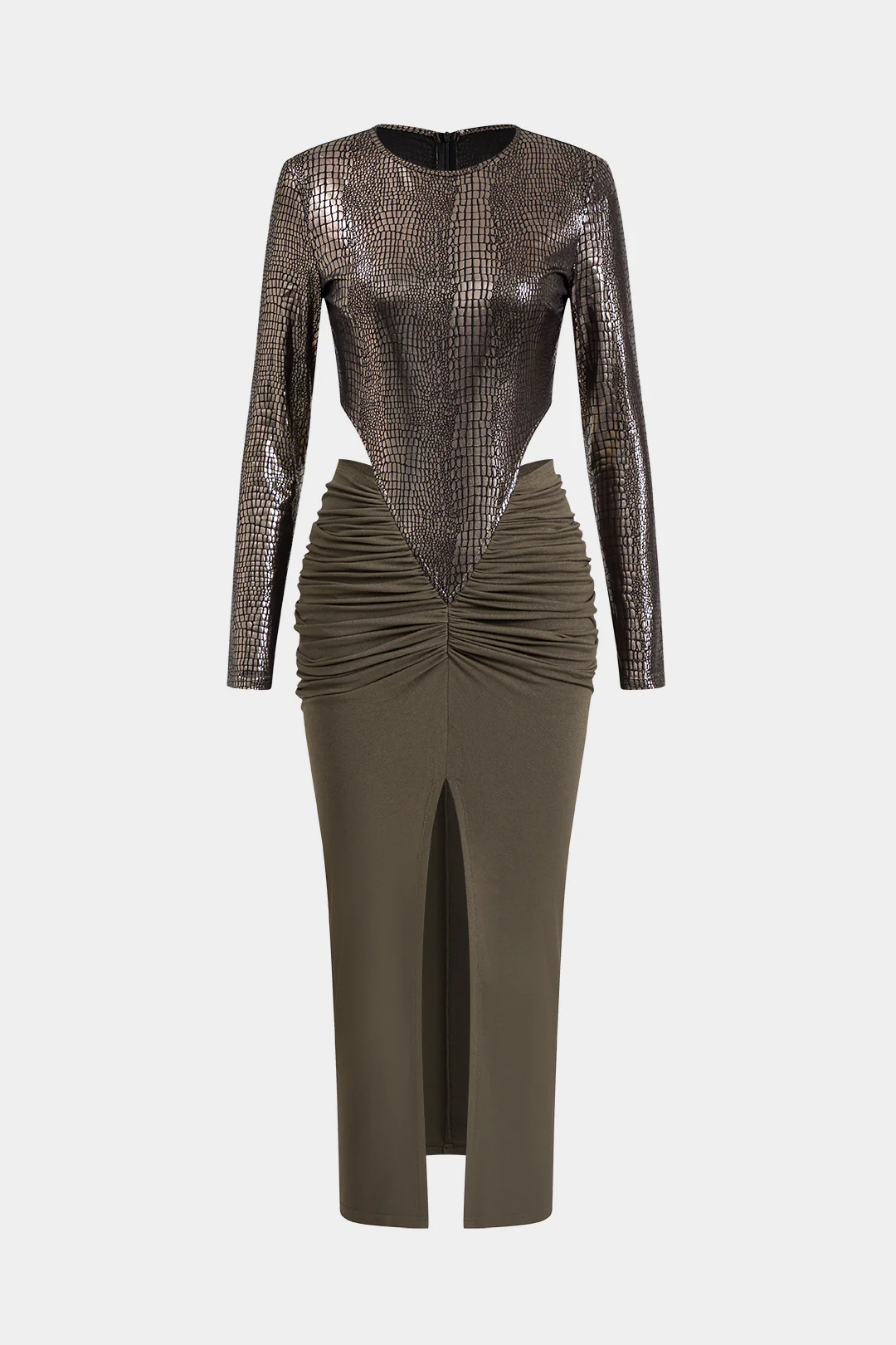 Faux Leather Patchwork Long Sleeve Maxi Dress