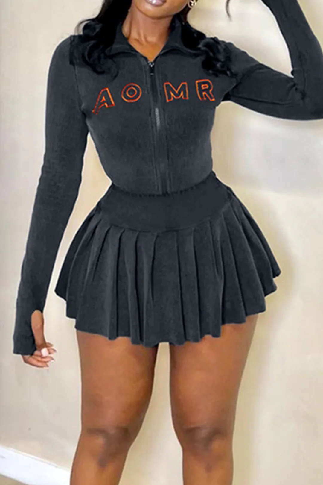 Embroidered Letter Ribbed Stand Collar Zipper Crop Cardigan and Pleated Mini Skirt Set