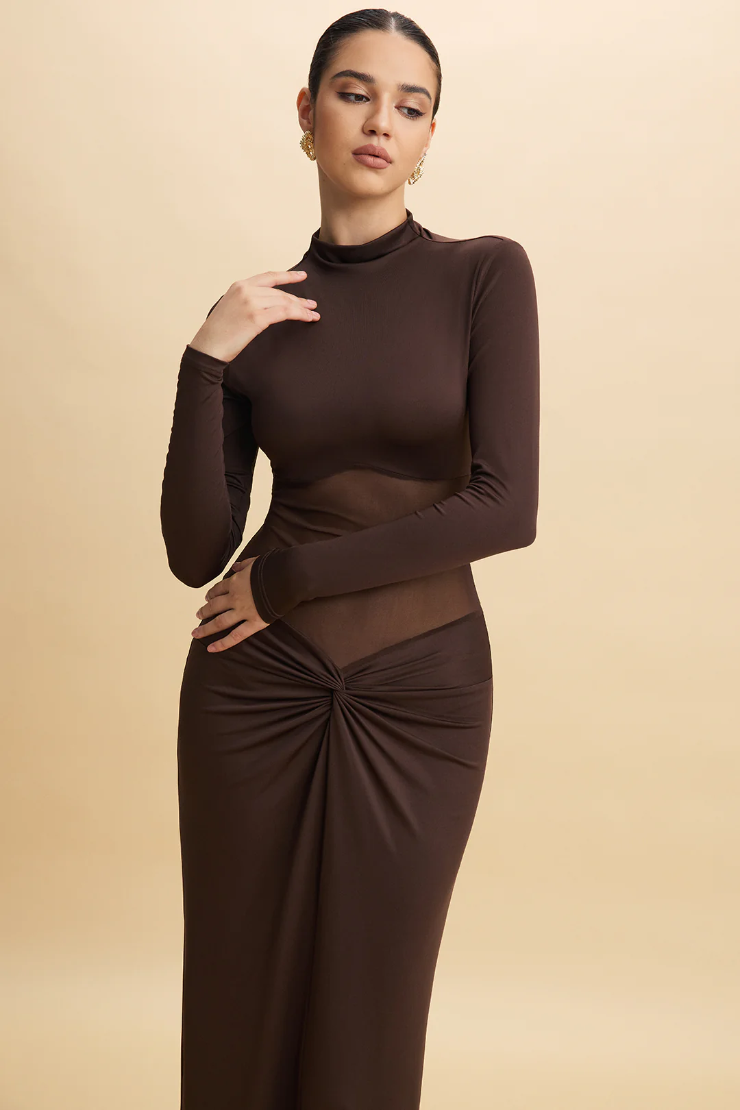 Sheer Patchwork Mesh Ruched Long Sleeve Maxi Dress