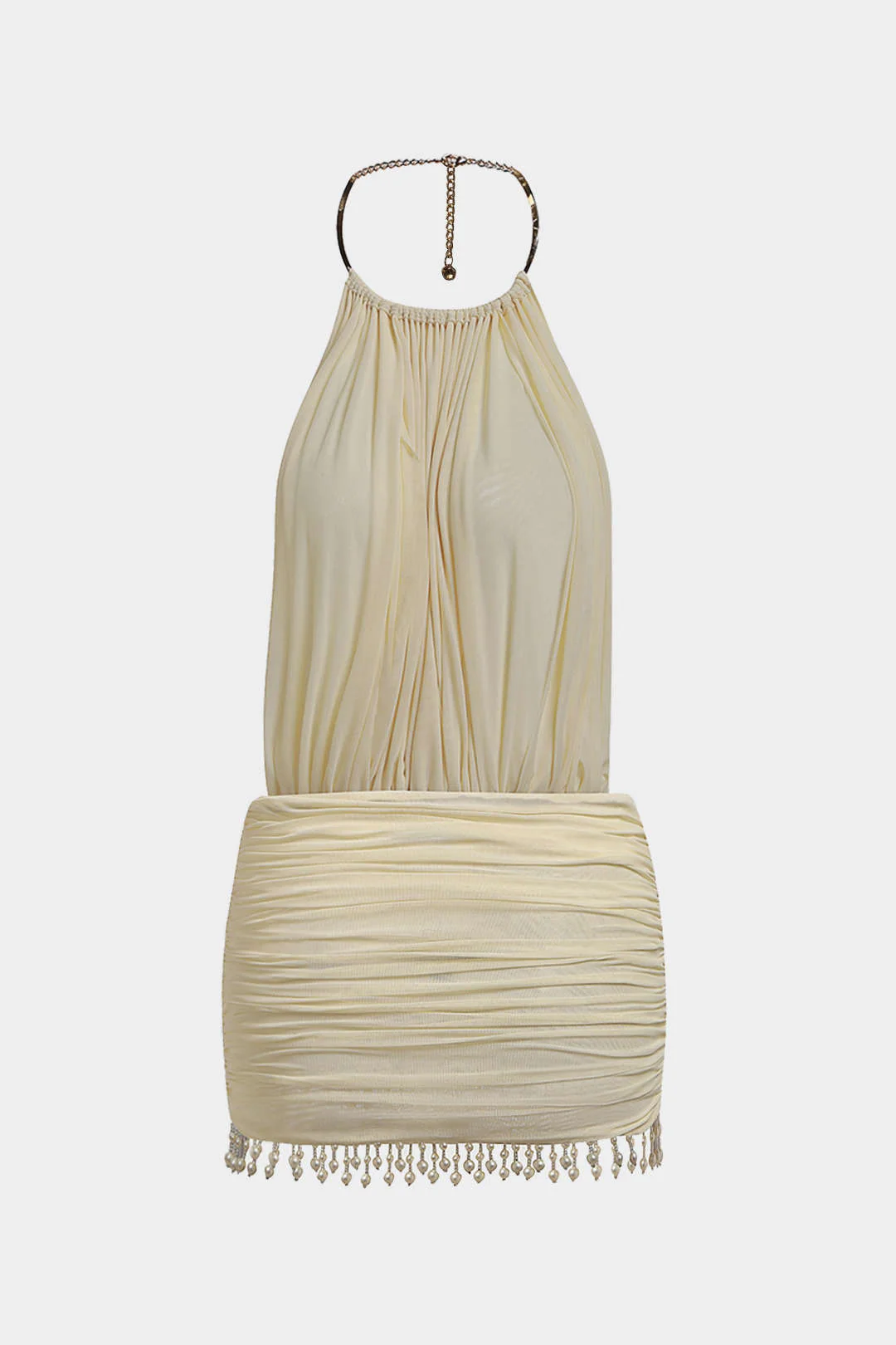 Mesh Halter Neck Pearl Decor Ruched Sleeveless Mini Dress