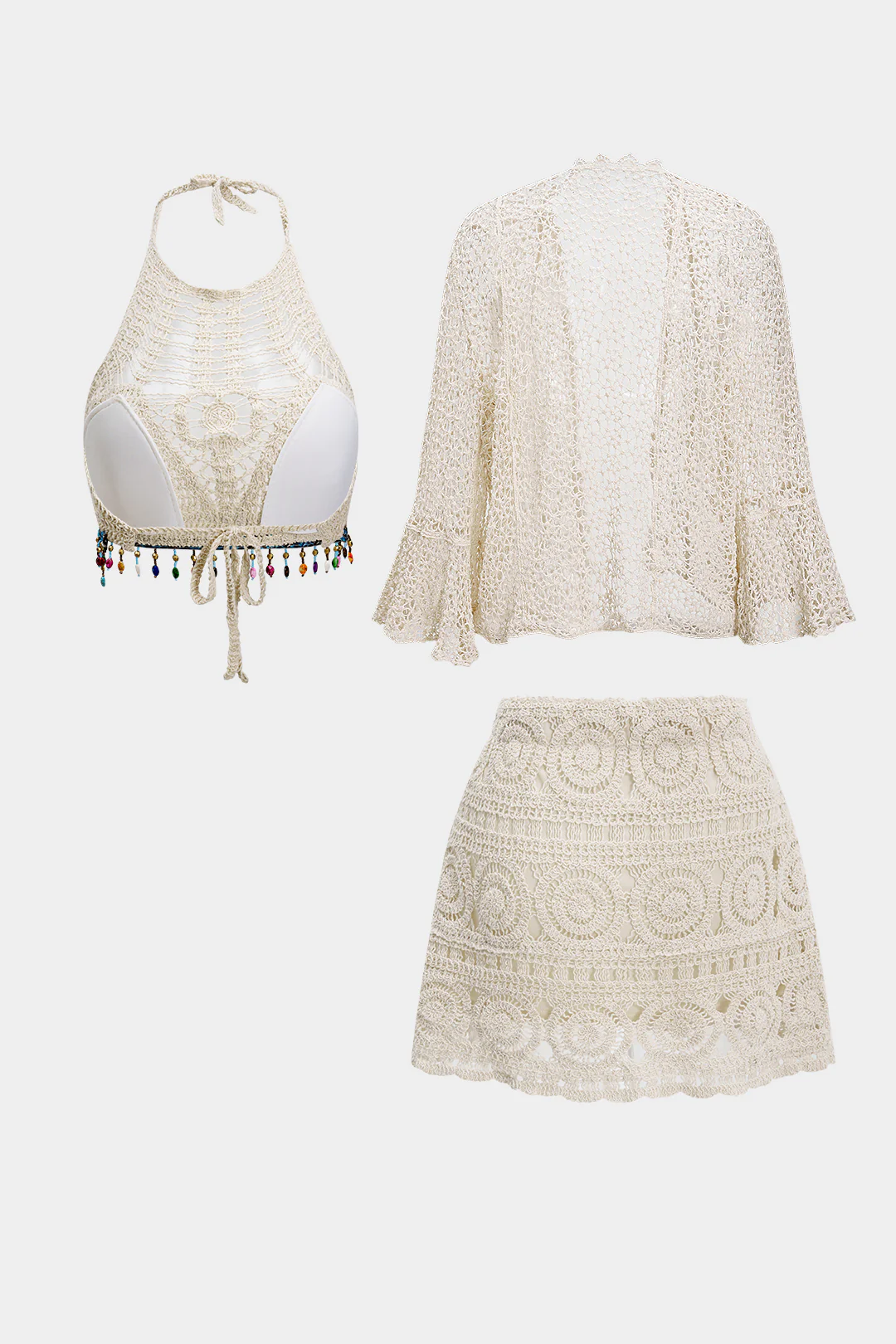 Knit Hollow-Out Tank Top, Cardigan, and Skirt Set