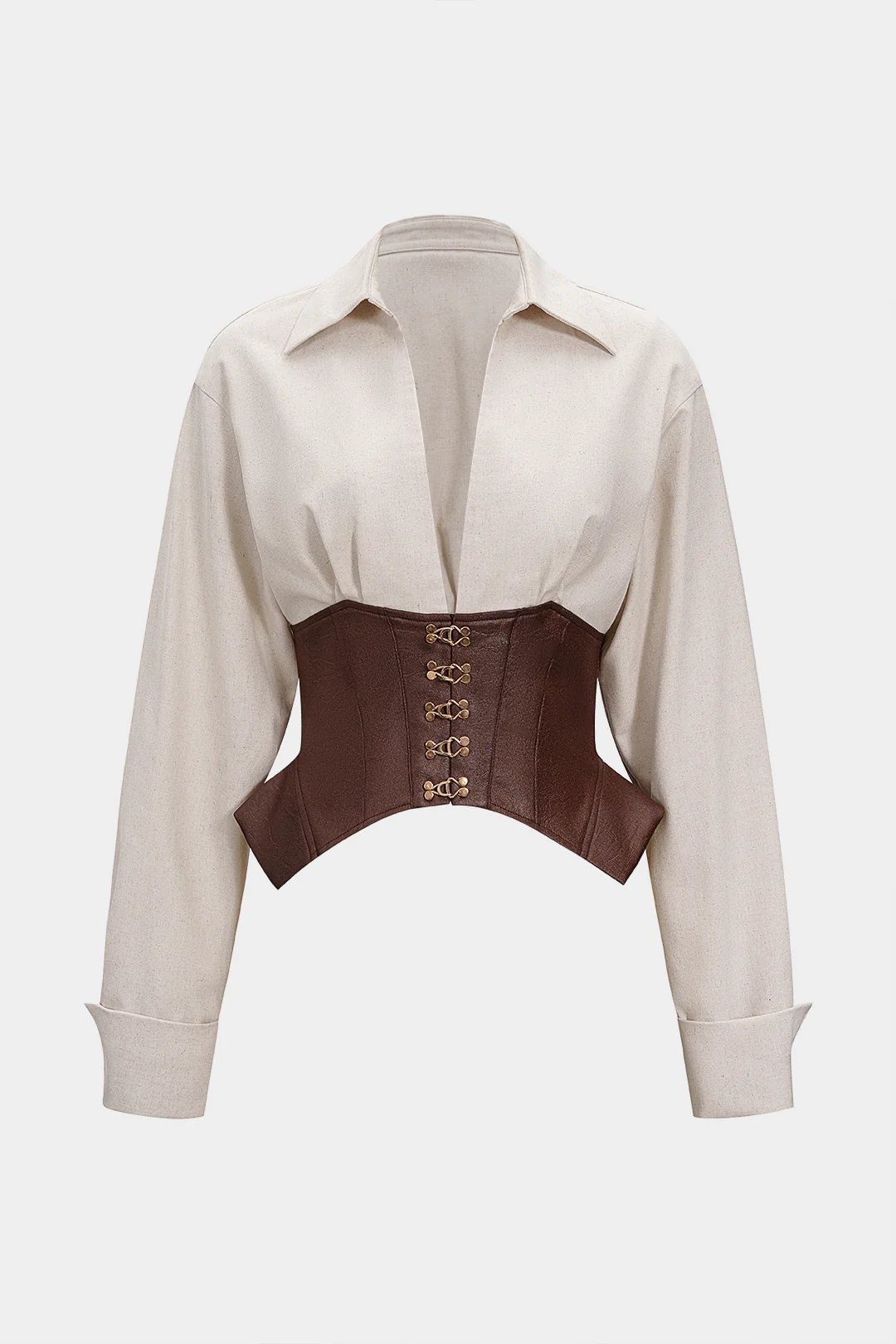 Faux Leather Linen Metallic Patchwork Ruched Long-Sleeve Shirt