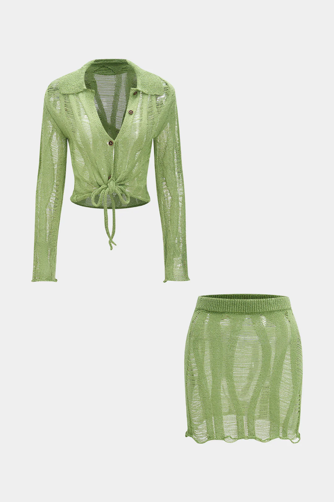 Knit Cut-Out Tie-Up Long-Sleeve Shirt and Skirt Set