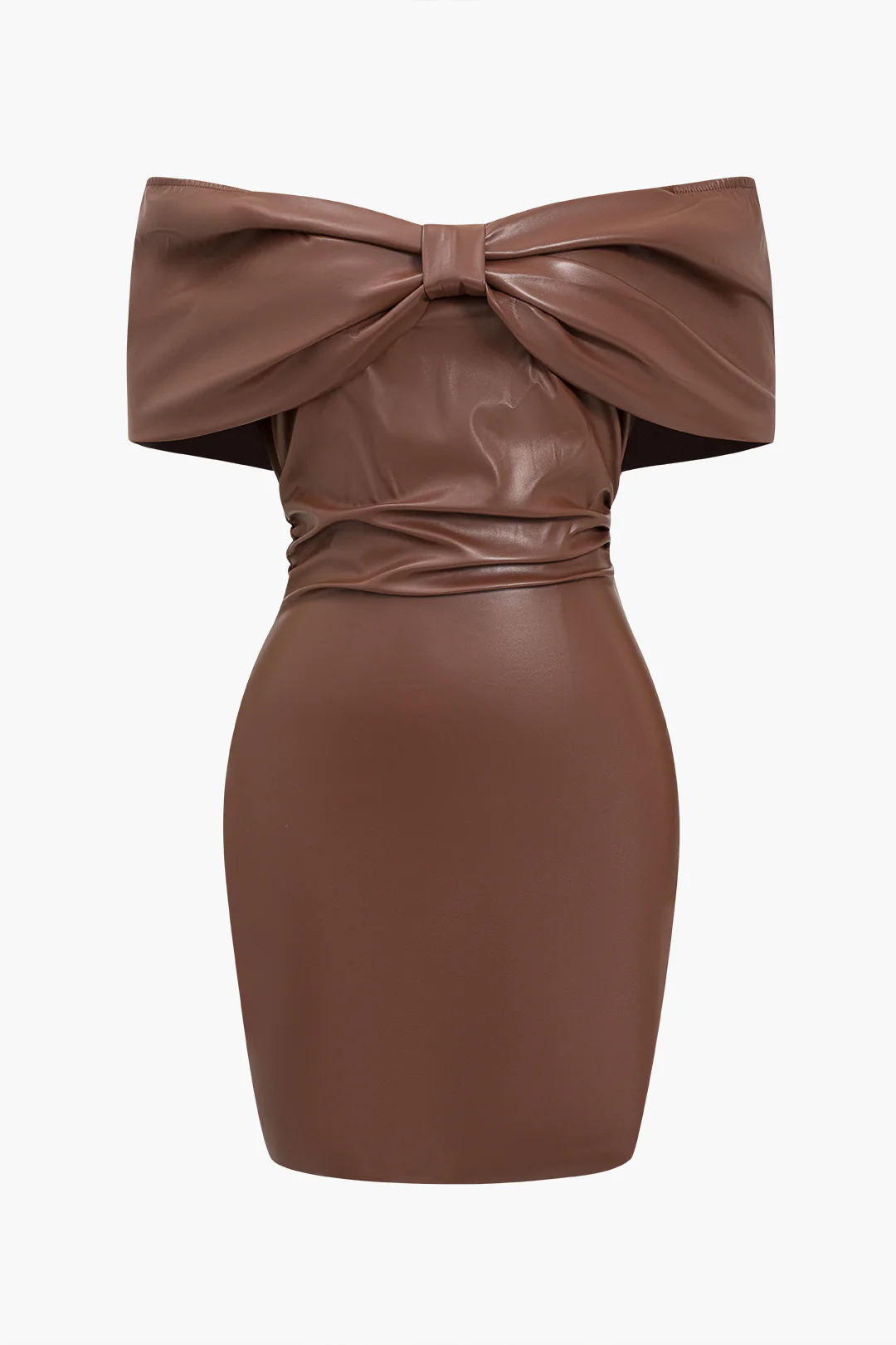 Solid Bow Faux Leather Off-the-Shoulder Mini Dress