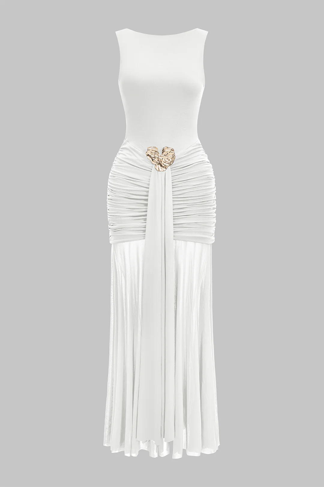 Mesh Metallic Decorated Ruched Backless Sleeveless Maxi Dress