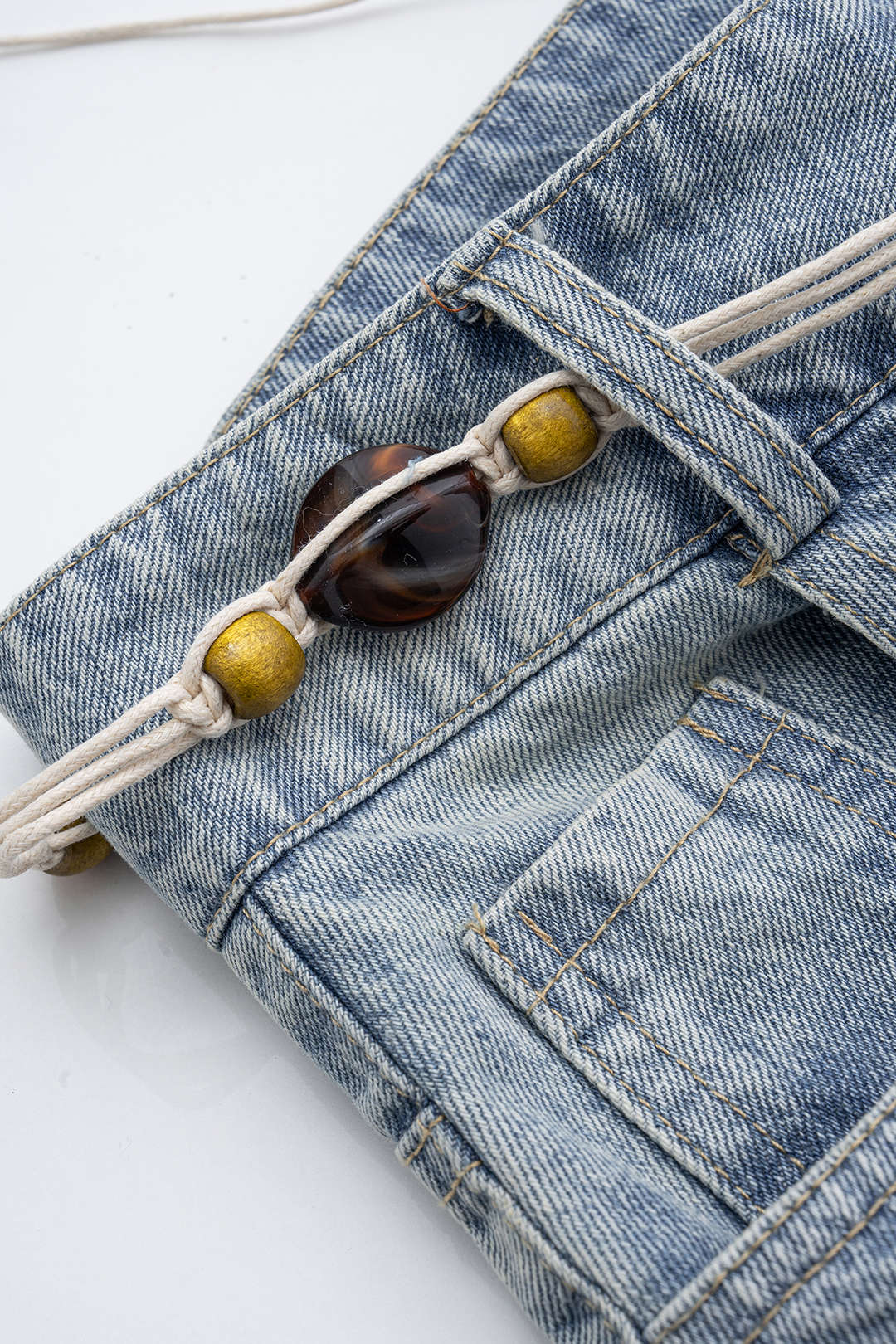 Frayed Mesh Patchwork Belted Denim Skirt