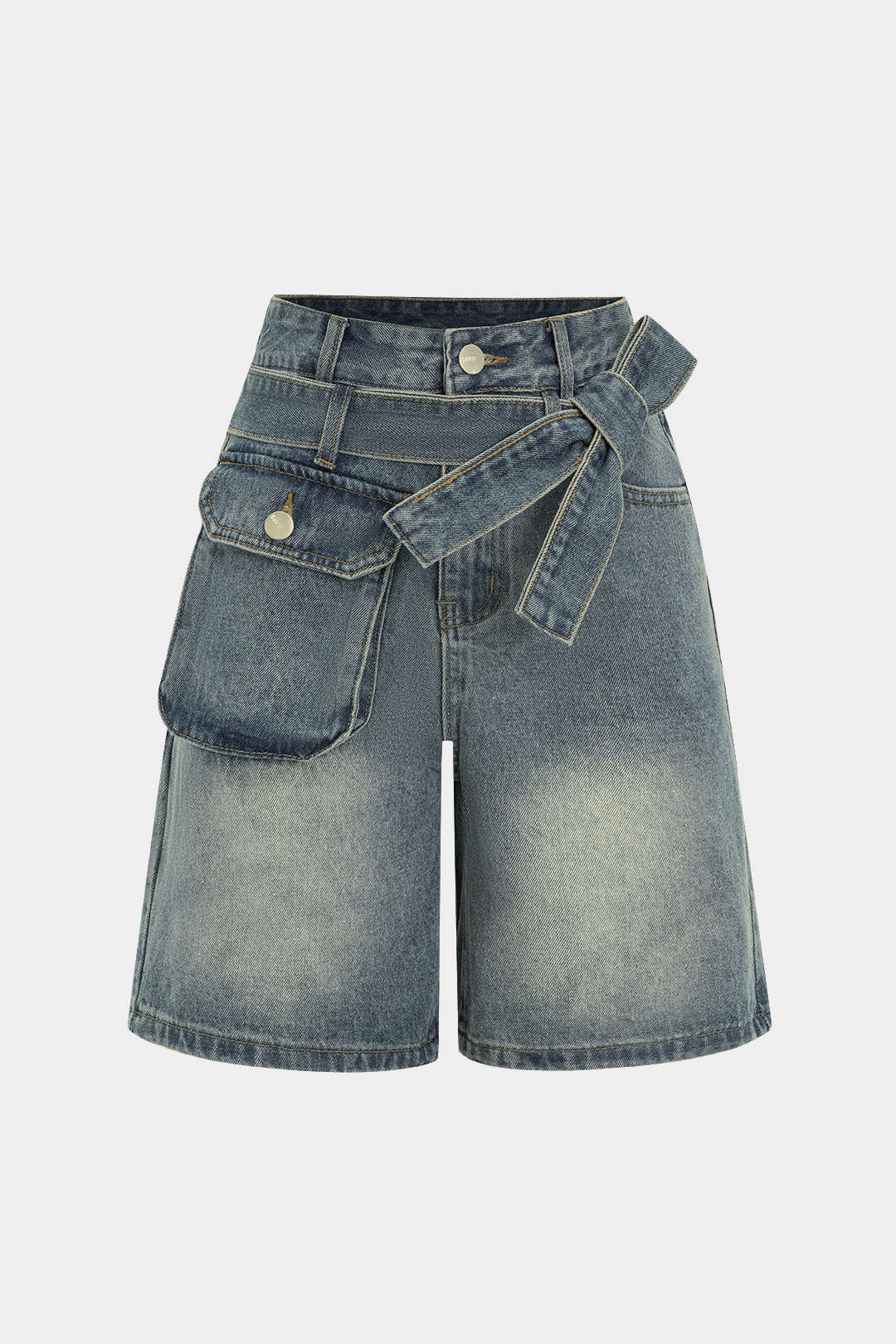 Denim Pocket Belt Asymmetrical Short Shorts