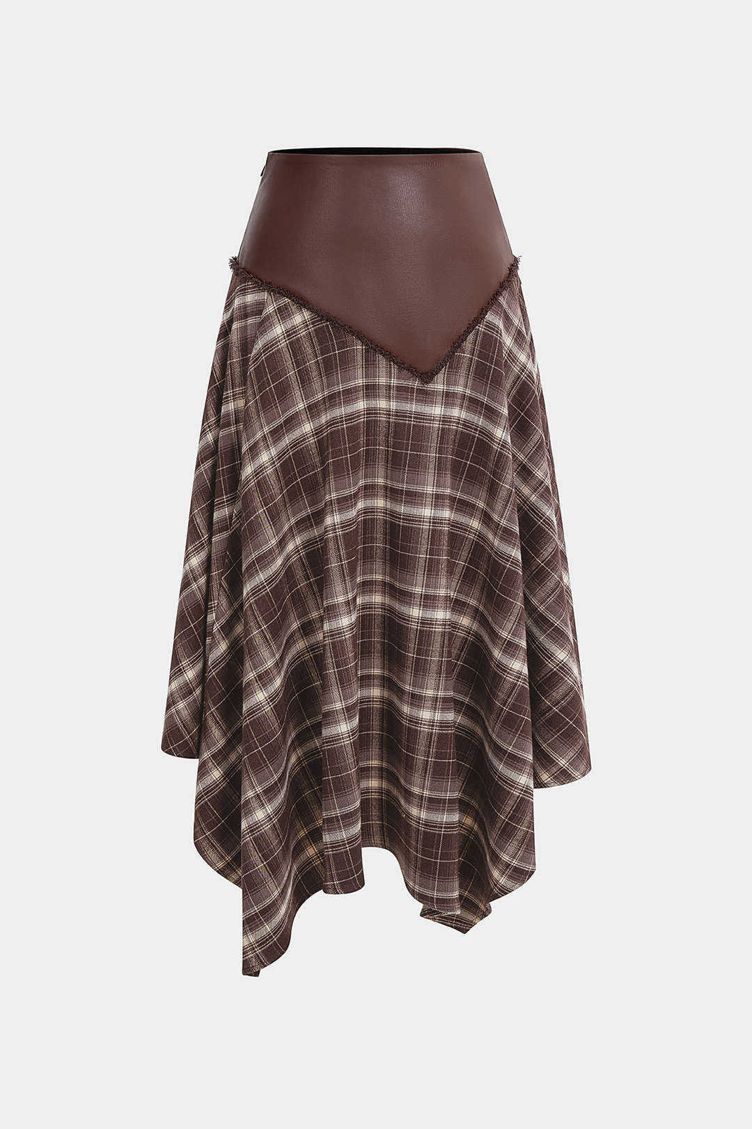 Plaid Print Faux Leather Patchwork Ruched Skirt