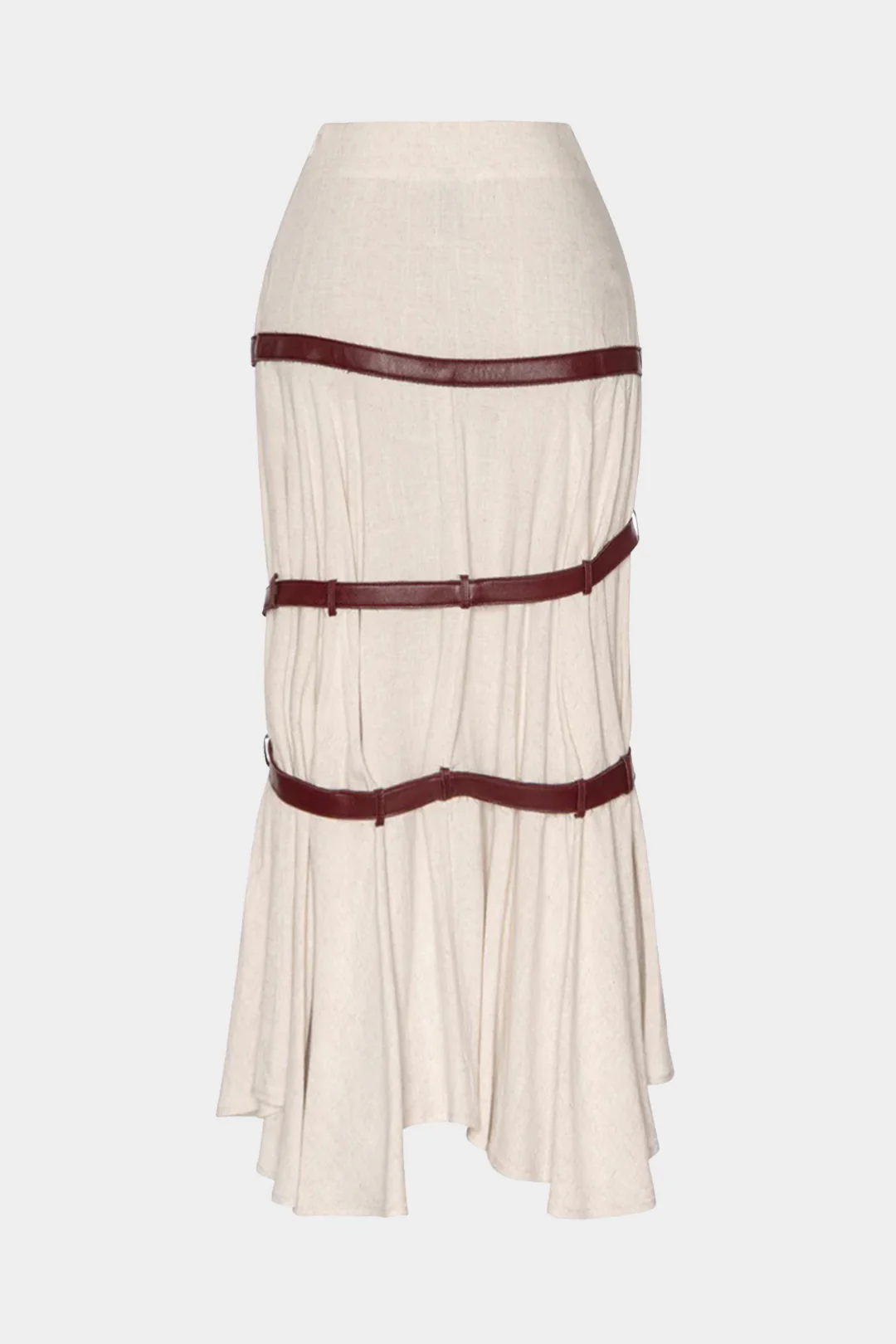 Faux Leather and Linen Patchwork Asymmetrical Hem Belted Skirt