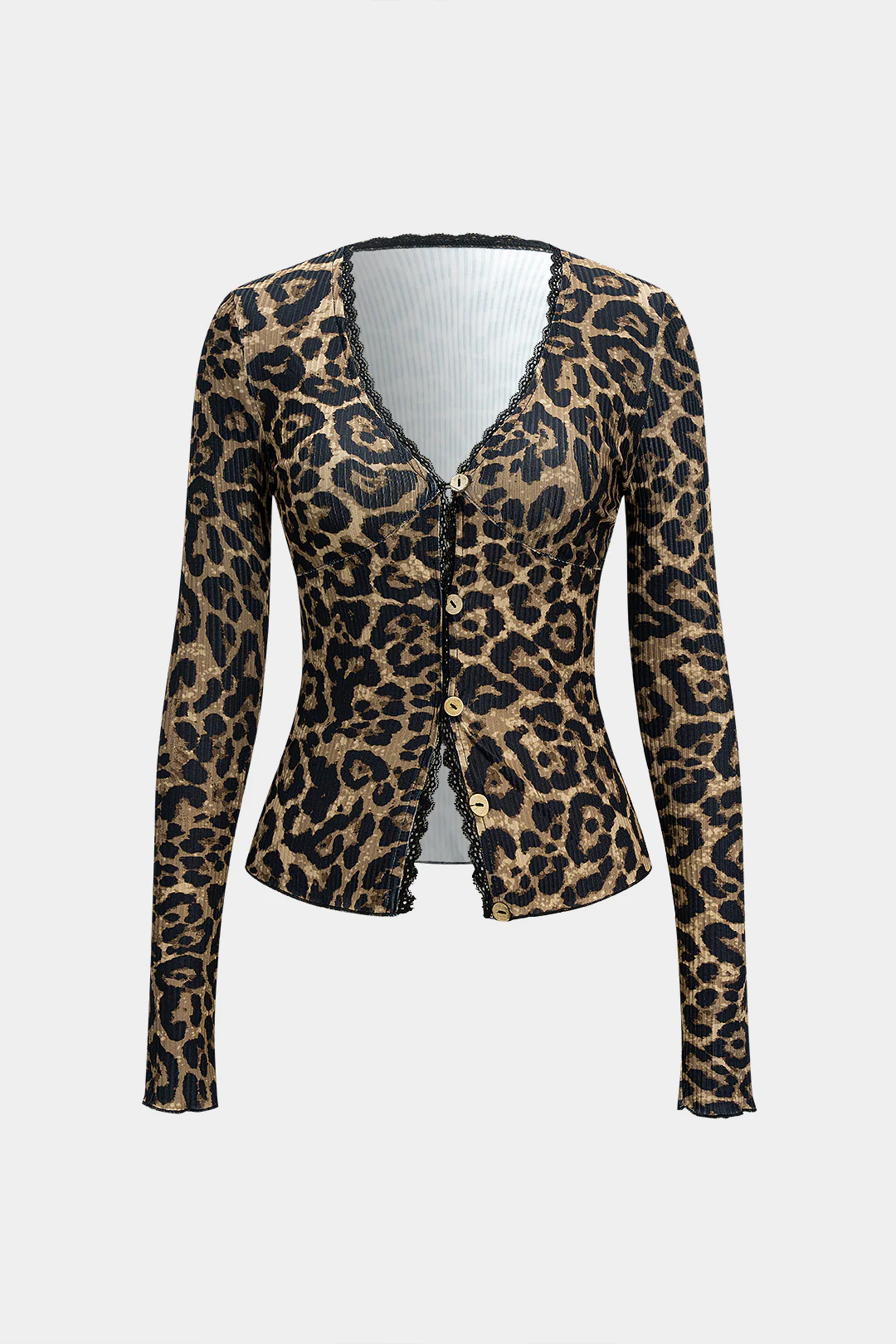 Leopard Print V-Neck Lace Trim Buttoned Long-Sleeve Top