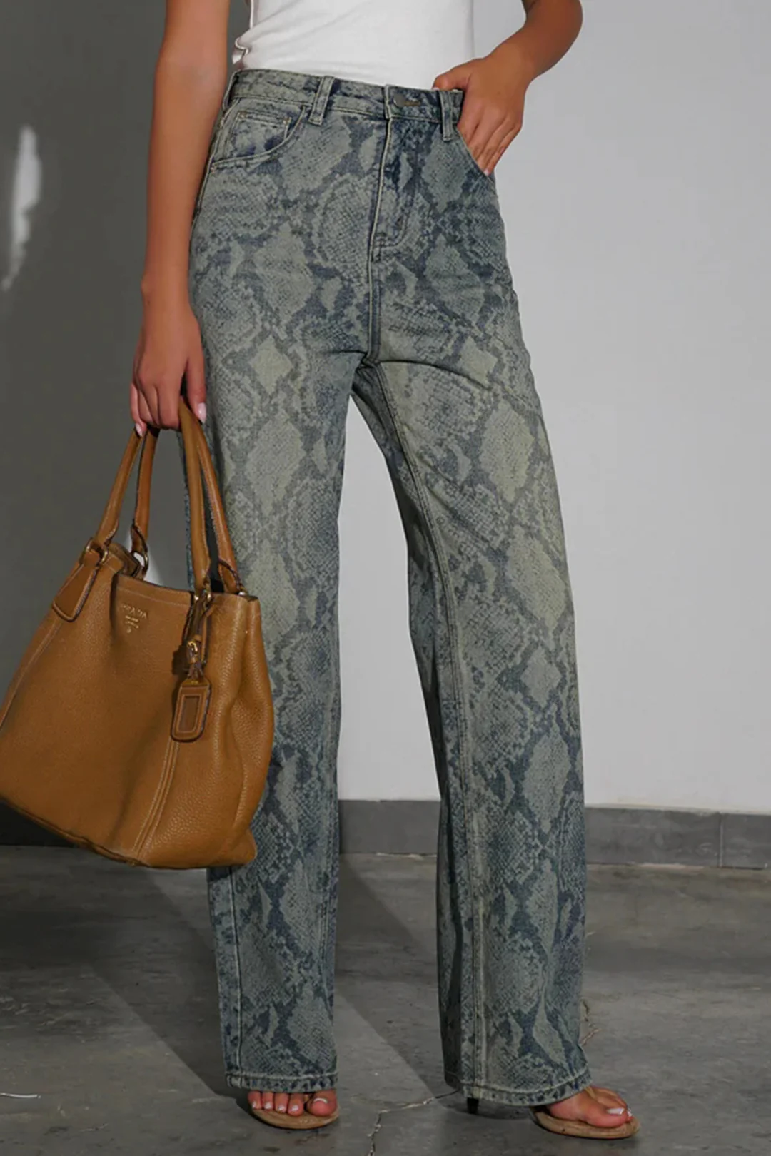 Denim Snake Print Straight-Leg Jeans