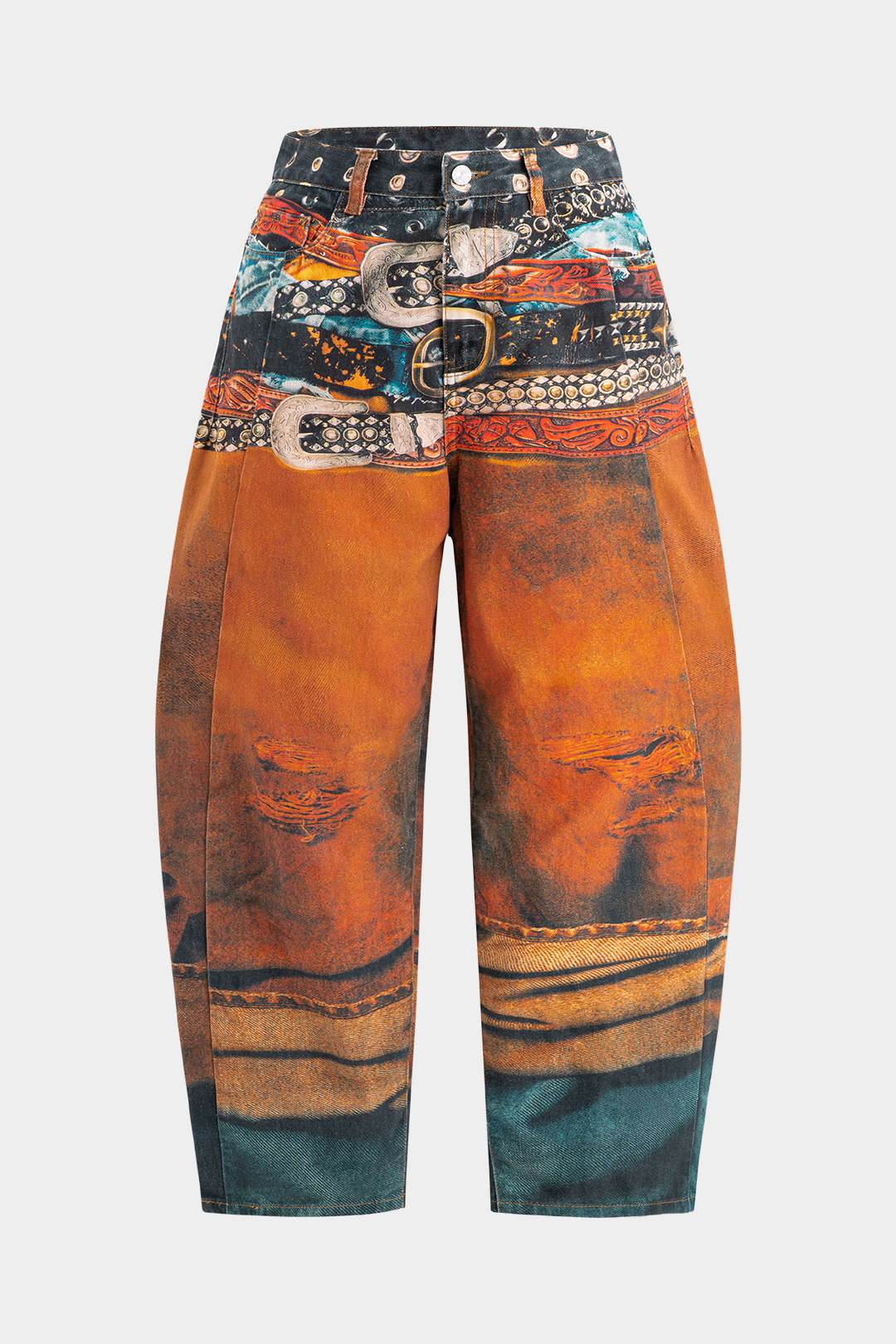 Plus Size Abstract Pattern Denim Zipper High Waist Barrel Trousers