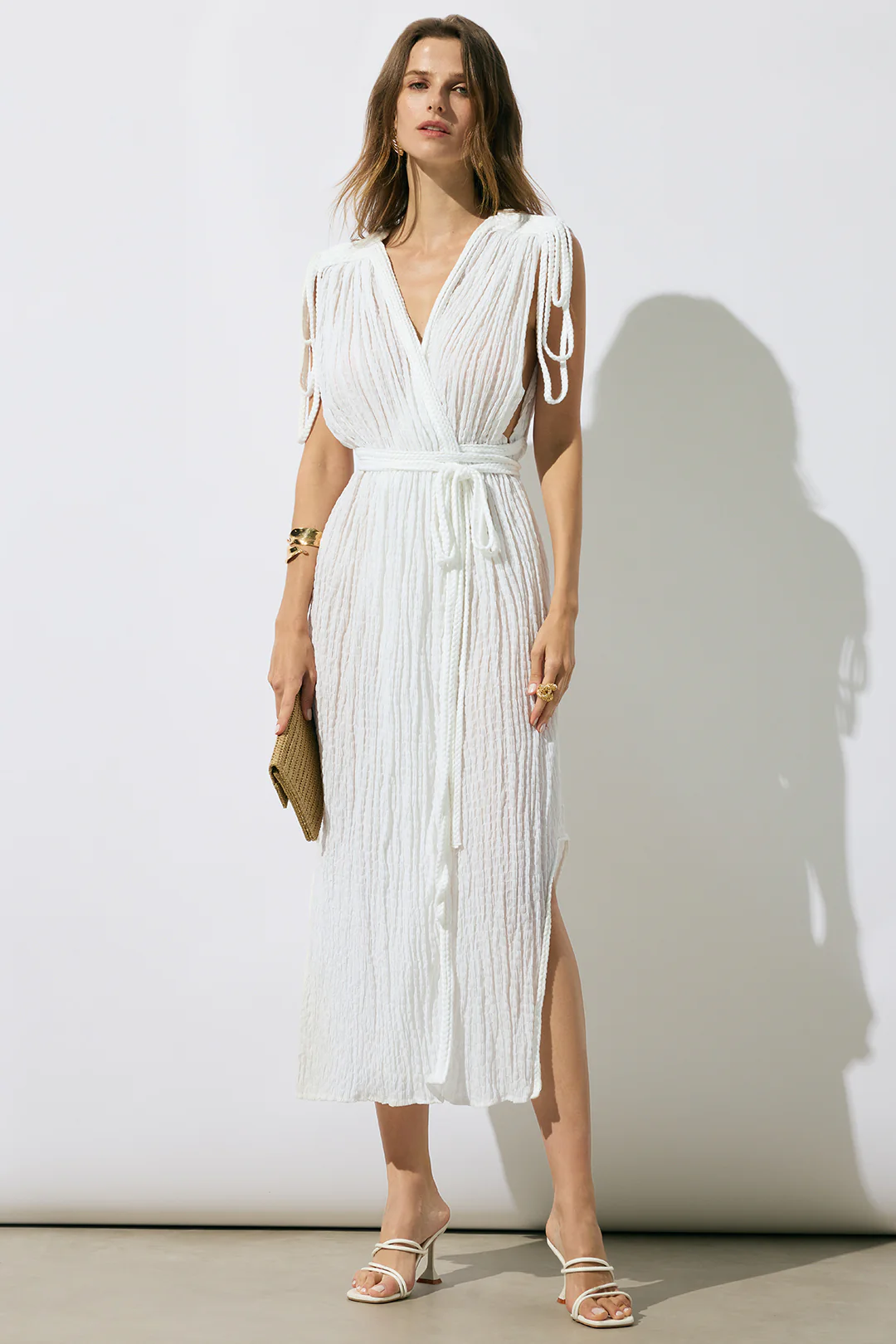 Twisted Knot V-Neck Fringe Sleeveless Mid-Length Dress