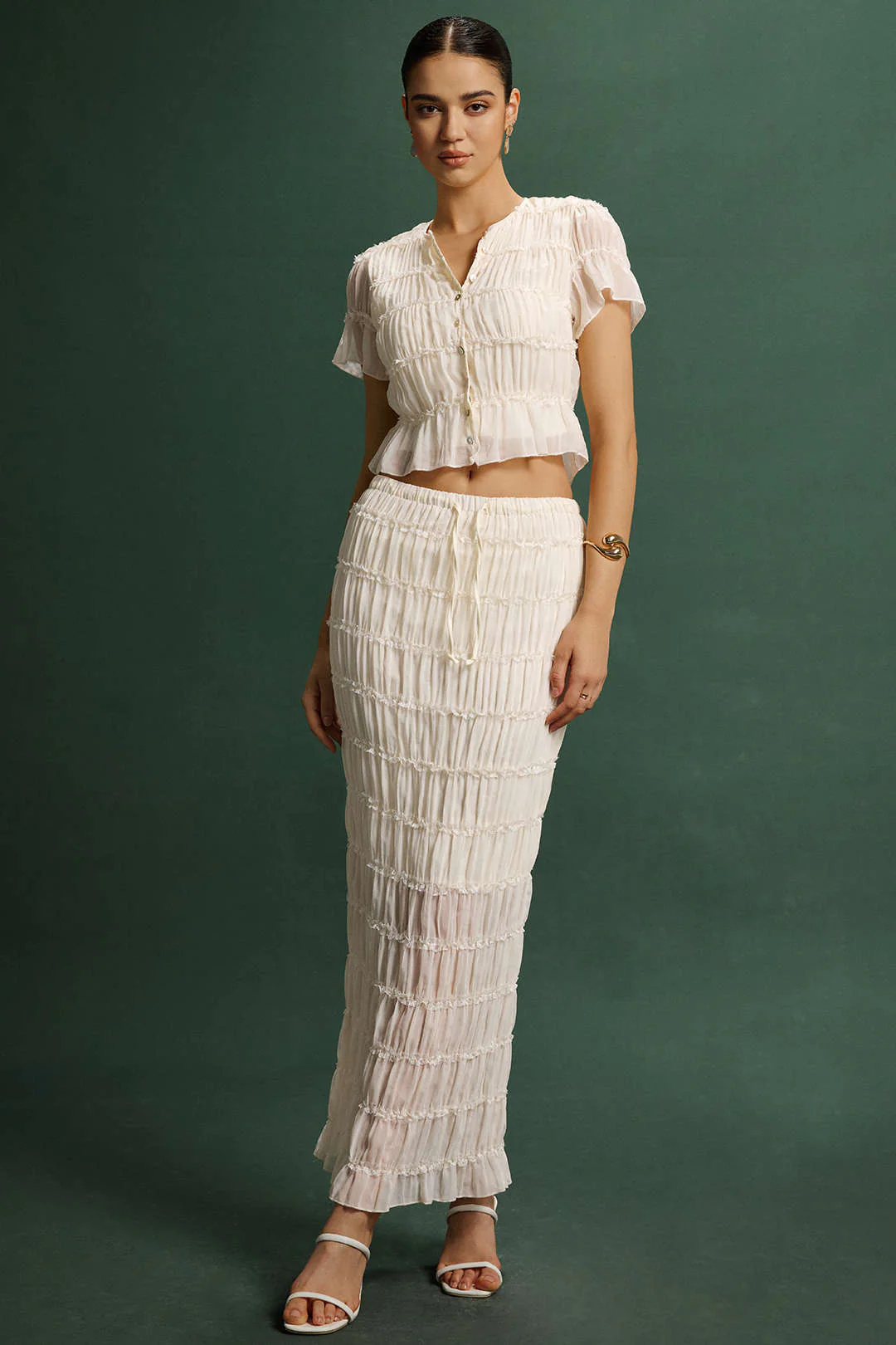 Chiffon Scallop Edge Short Sleeve Top And Tie-Up Skirt Set