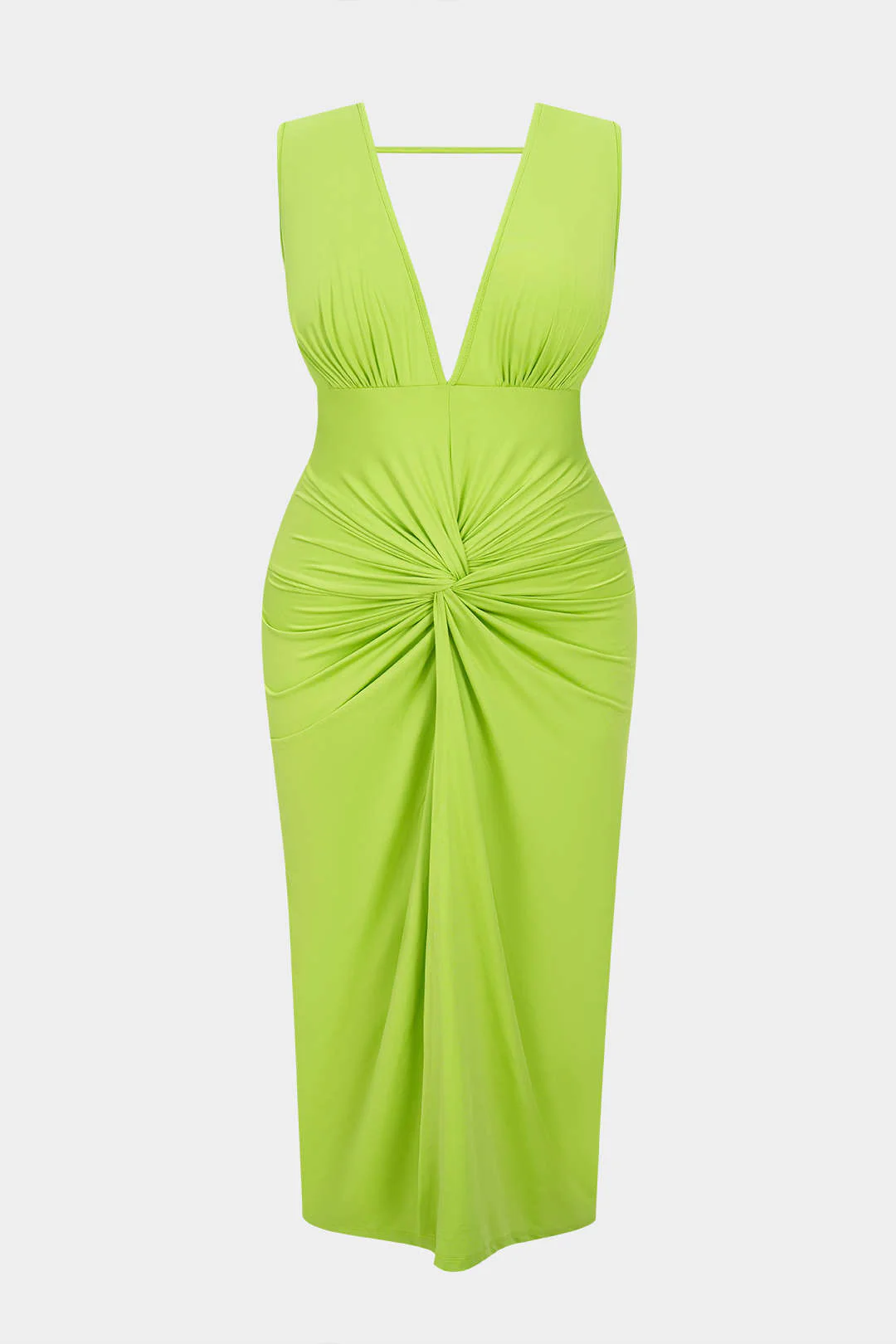 Plus Size V-Neck Backless Twist Knot Ruched Sleeveless Slit Midi Dress