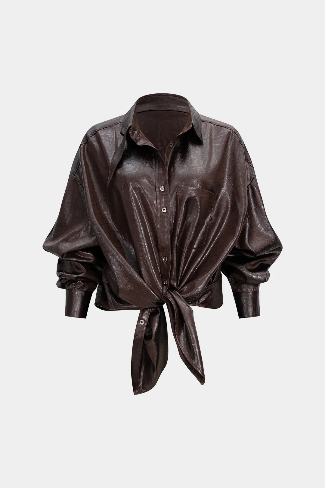 Faux Leather Buttoned Long Sleeve Top