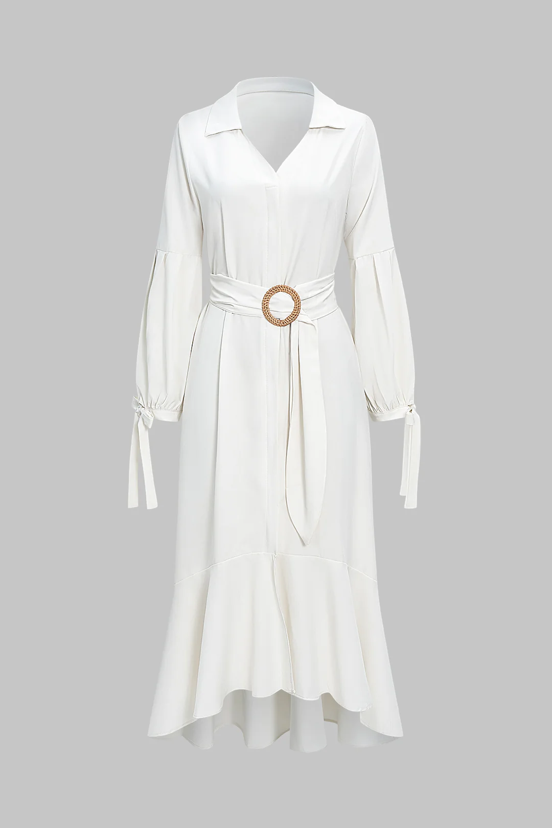 Solid V-Neck Belted Tie-Up Long Sleeve Maxi Dress